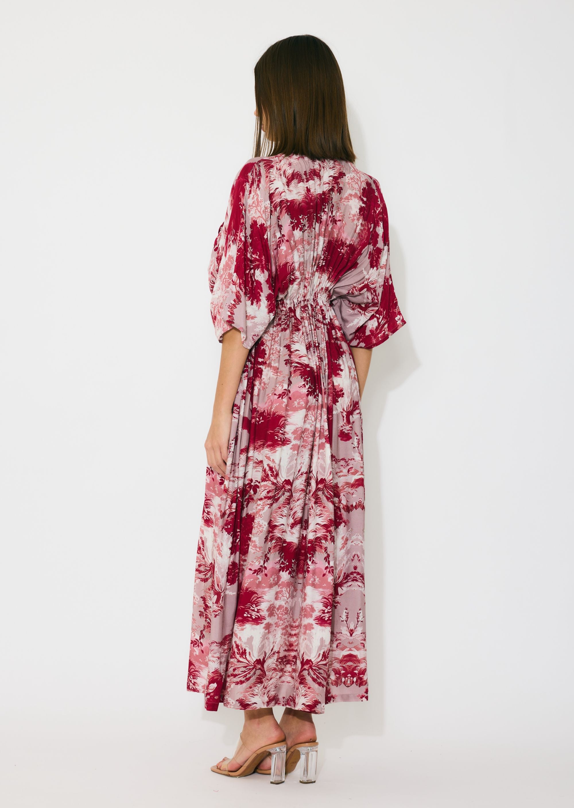 PEACH, RED AND CREAM TOILE PRINT KAFTAN DRESS