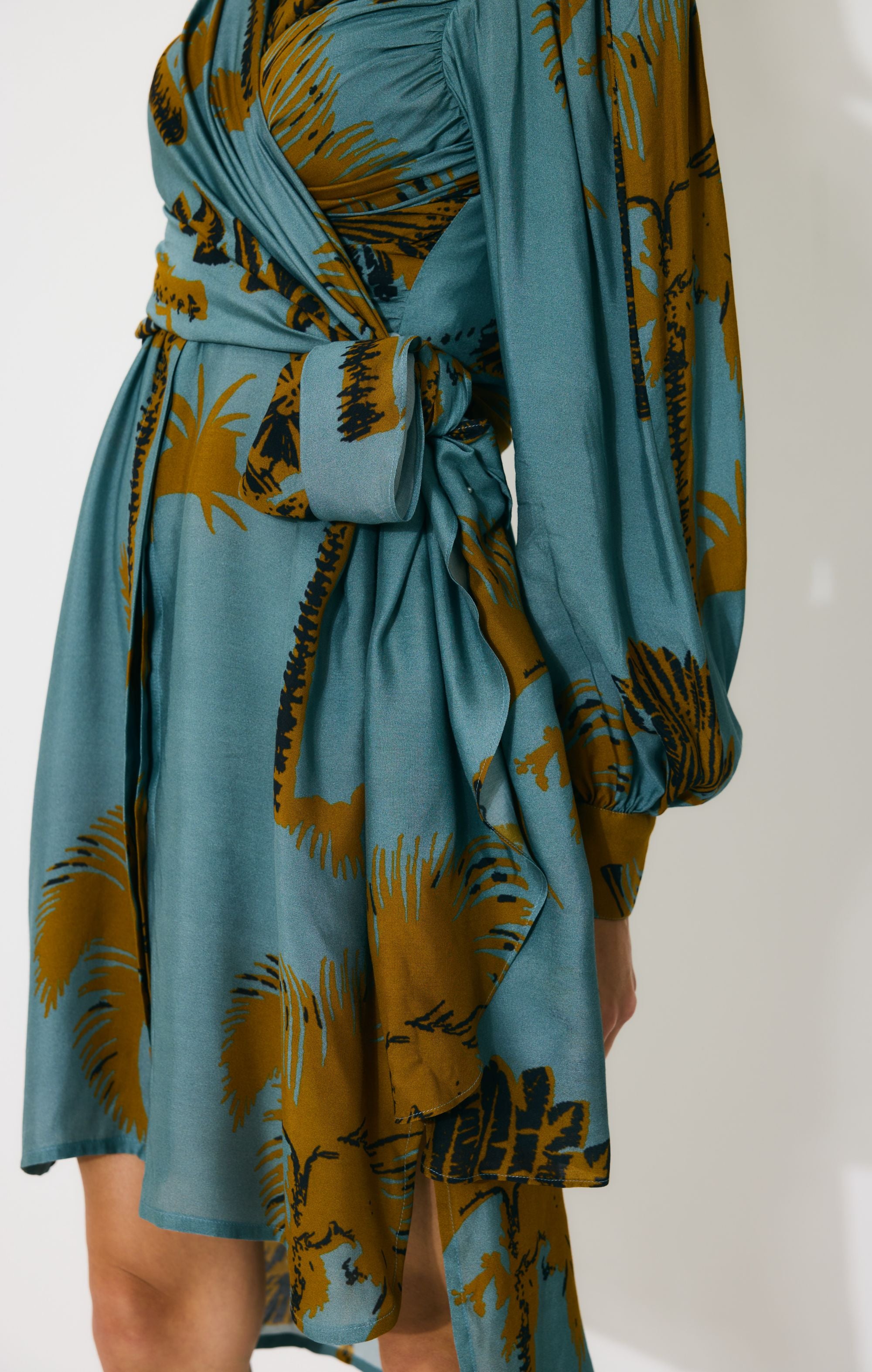 SKY BLUE AND MUSTARD FLORAL WRAP SHIRT DRESS