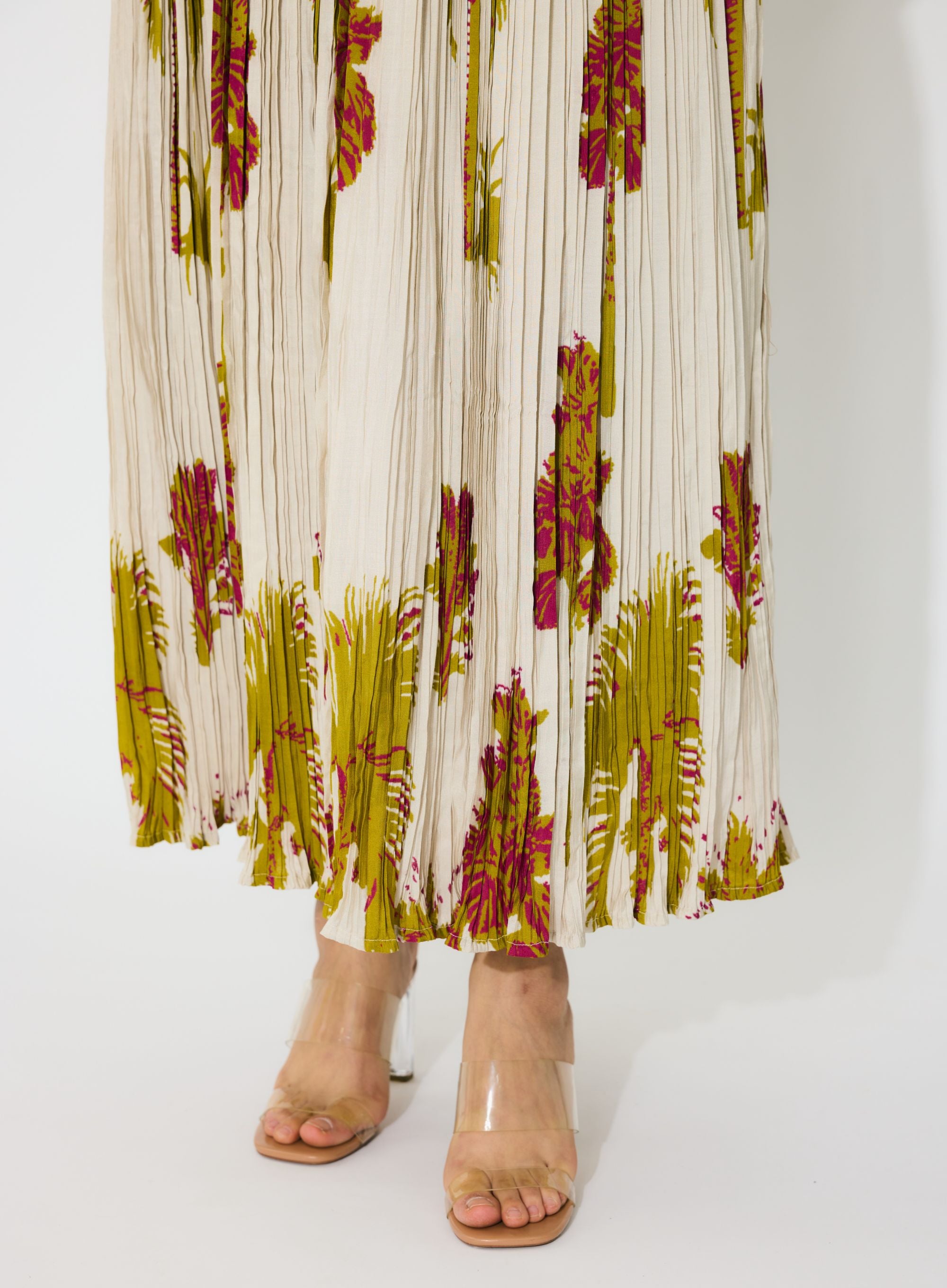 BEIGE, MUSTARD AND HOT PINK FLORAL CRINKLED SKIRT