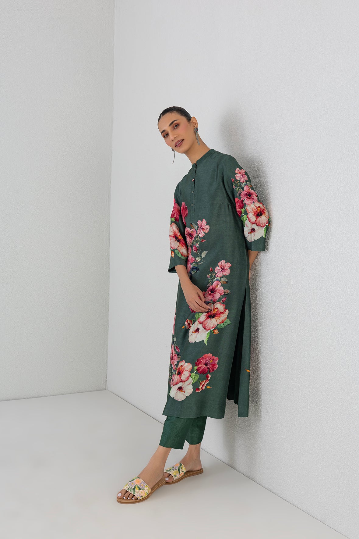 Minted Sage Dupion Hibiscus Printed Dress