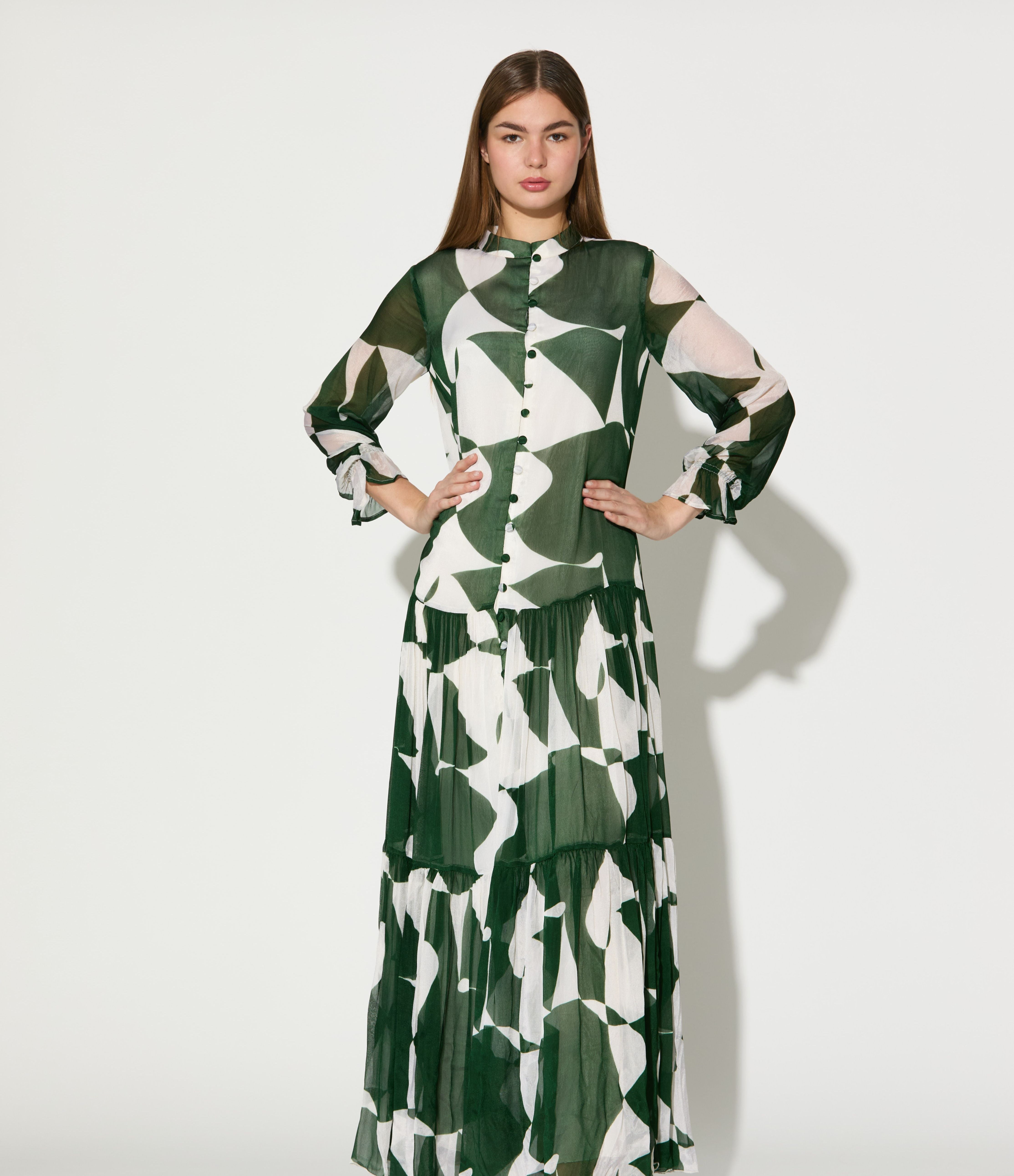 GREEN AND WHITE ABSTRACT LONG DRESS