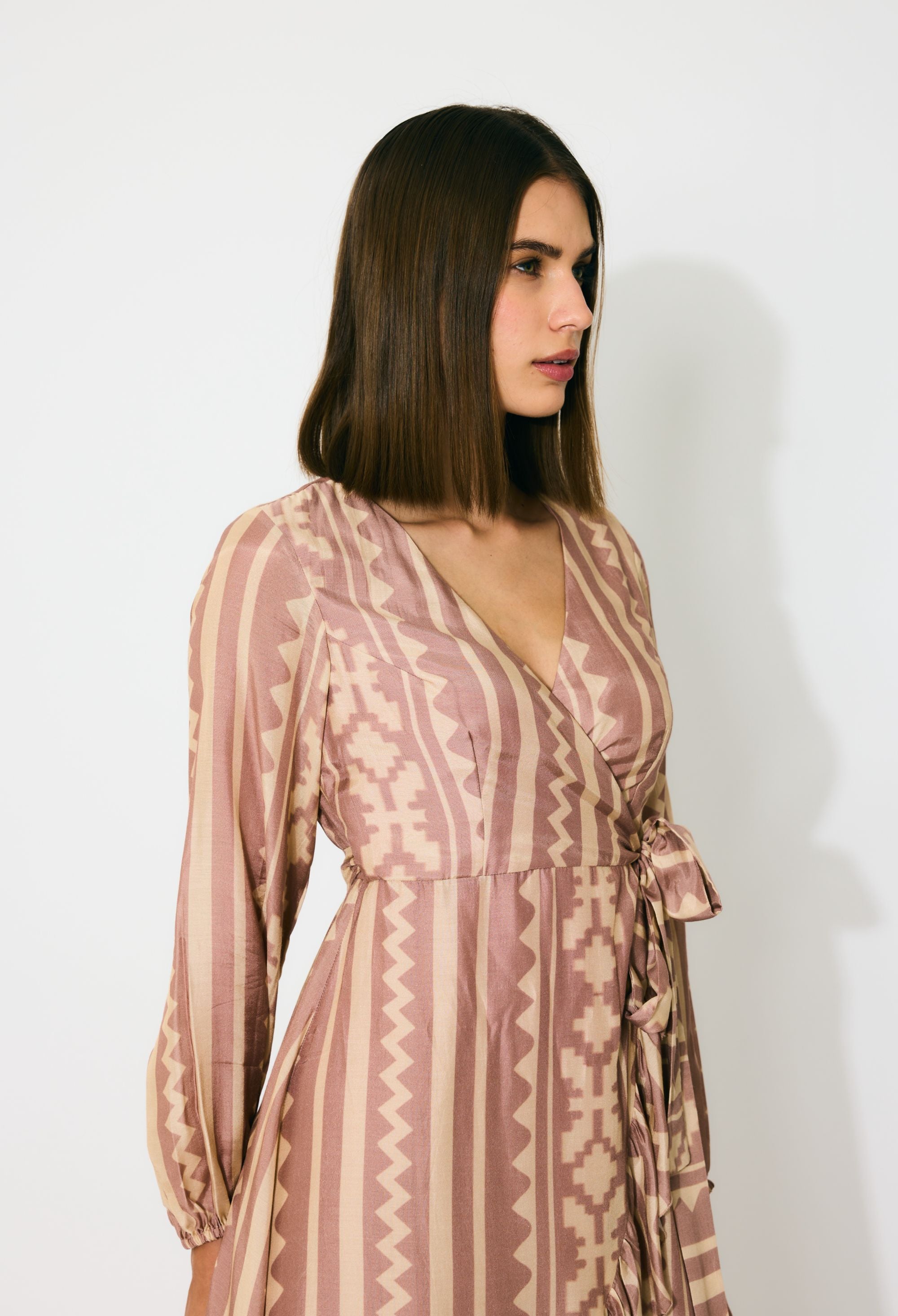 PEACH AND CREAM PATTERN WRAP DRESS
