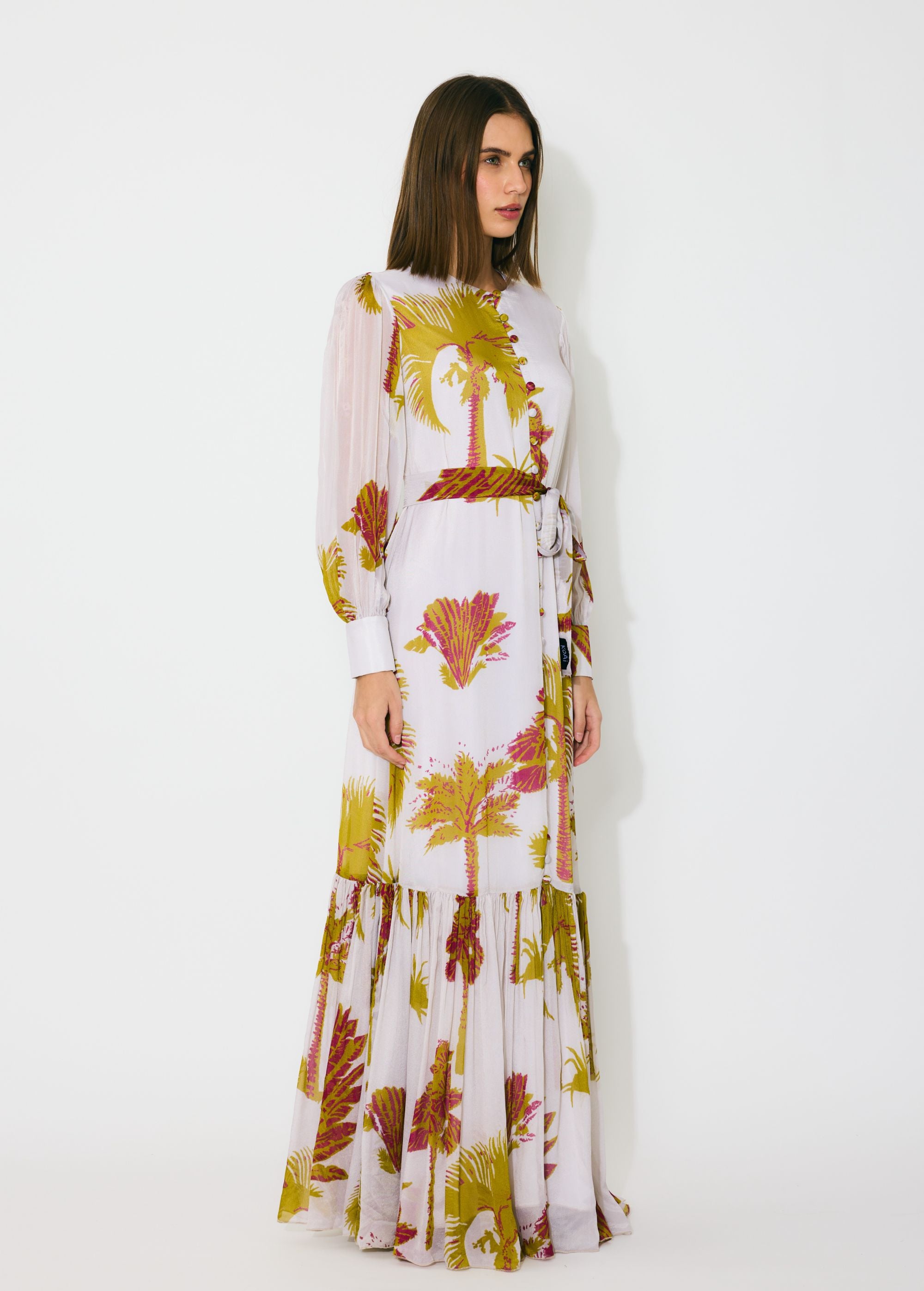 BEIGE, MUSTARD AND HOT PINK FLORAL LONG DRESS