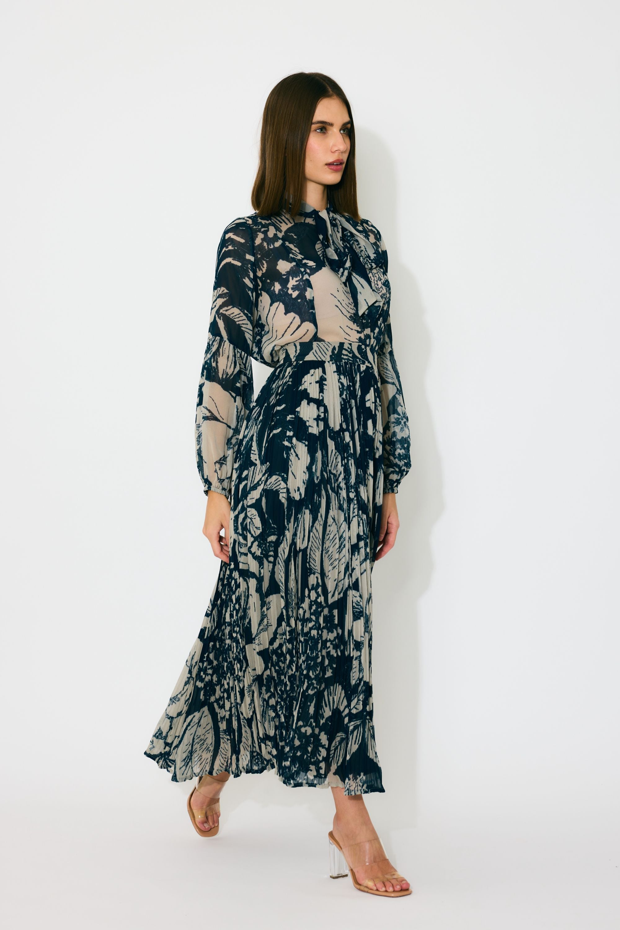 BLUE AND BEIGE FLORAL CRINKLED SKIRT