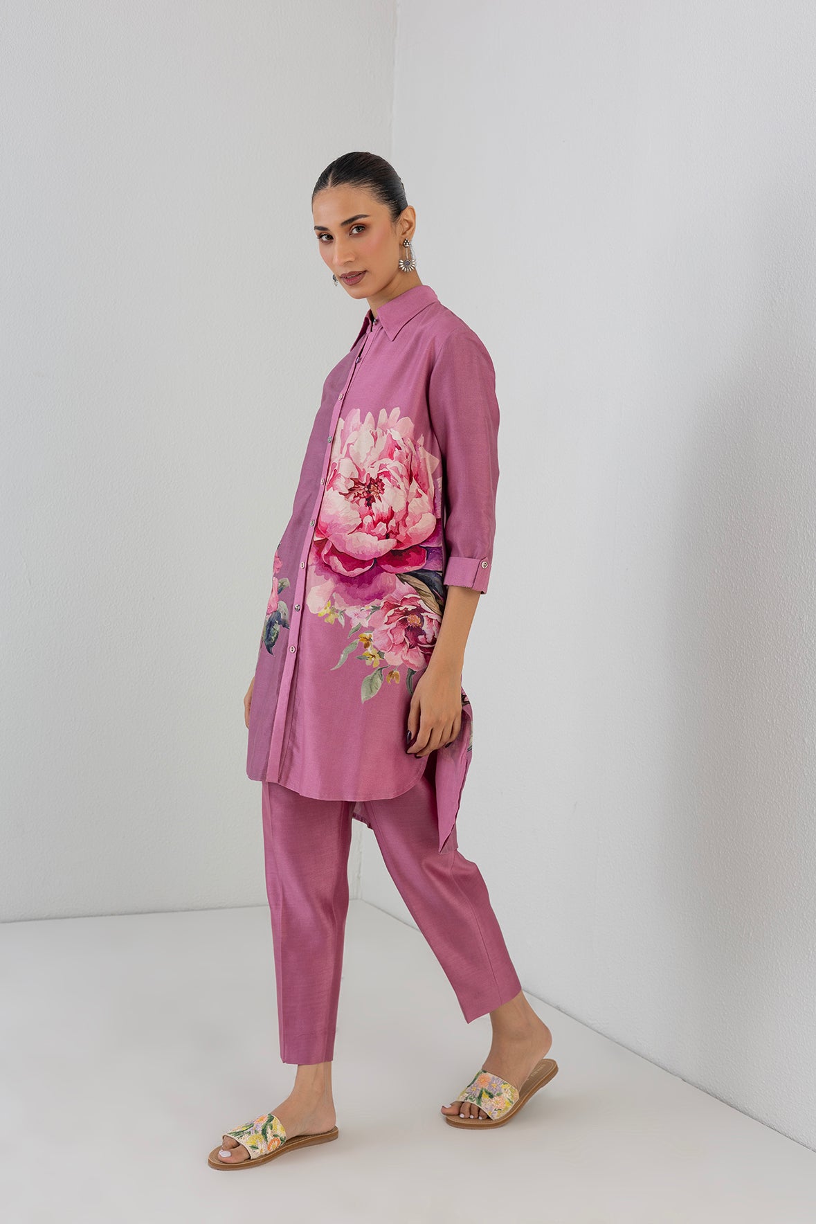 Blush Pink Silk Chanderi Peony Flower Printed Shirt