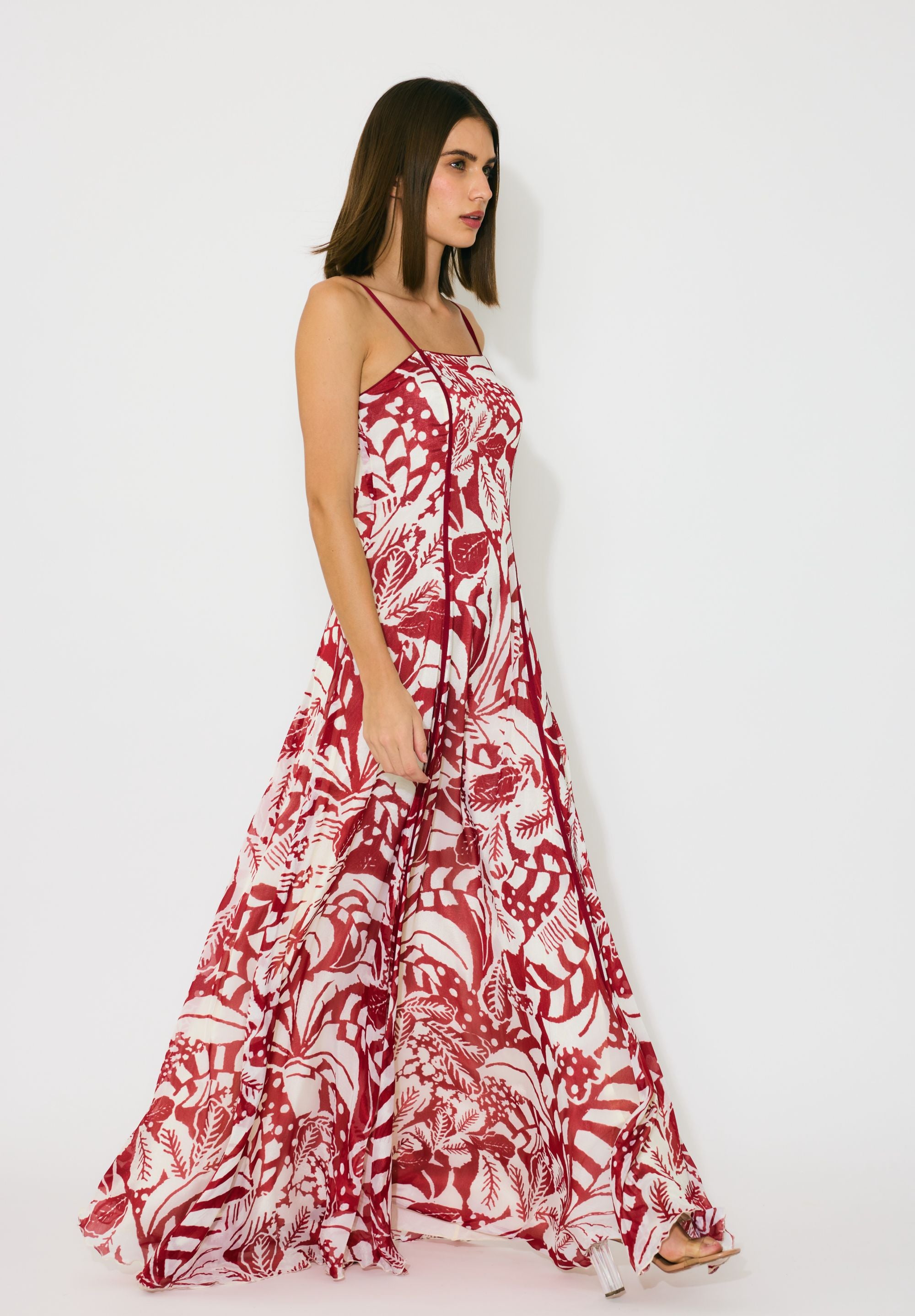OFF WHITE AND RED SLEEVELESS LONG DRESS