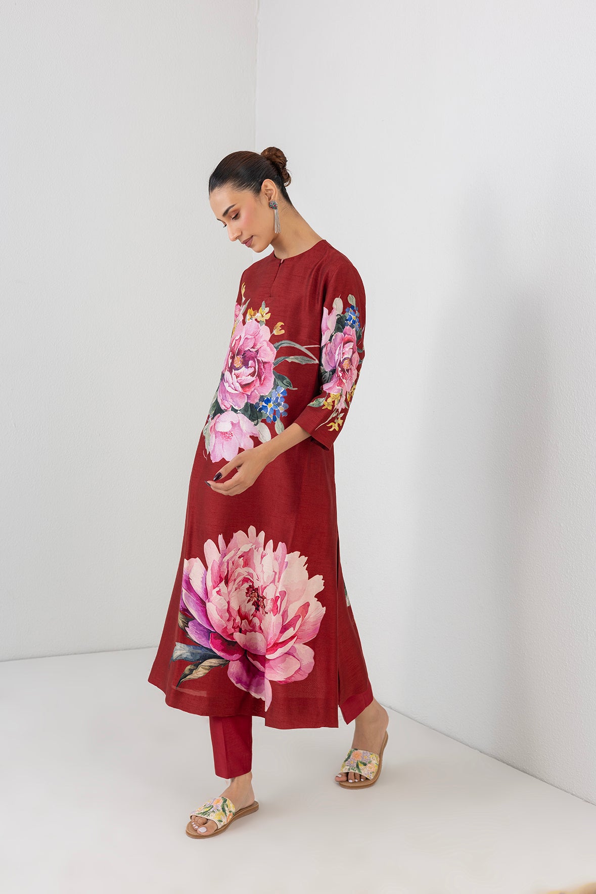 Poppy Blaze Red Dupion China Rose Printed Tunic