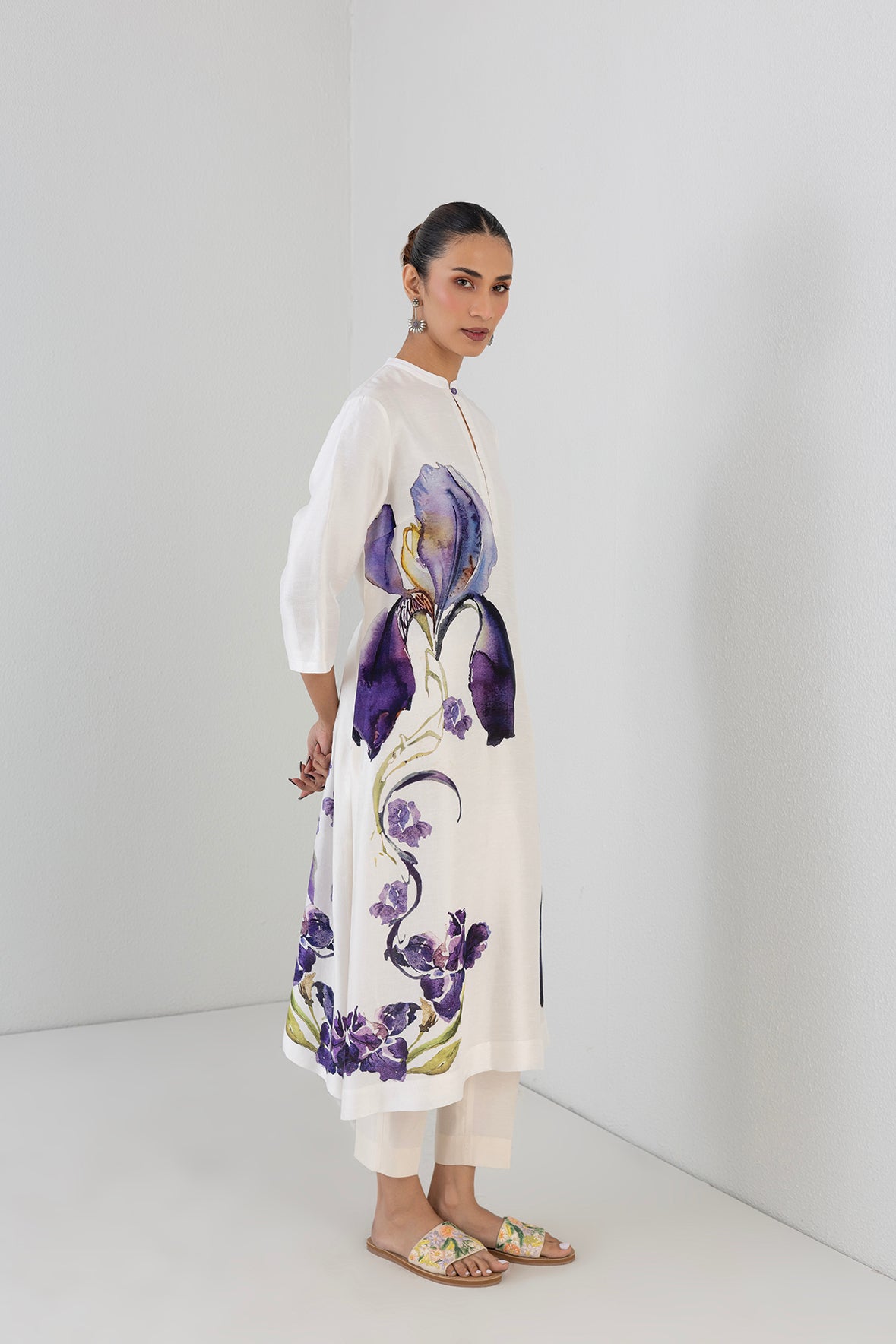 Pearl Ivory Dupion Iris Lily Printed Tunic