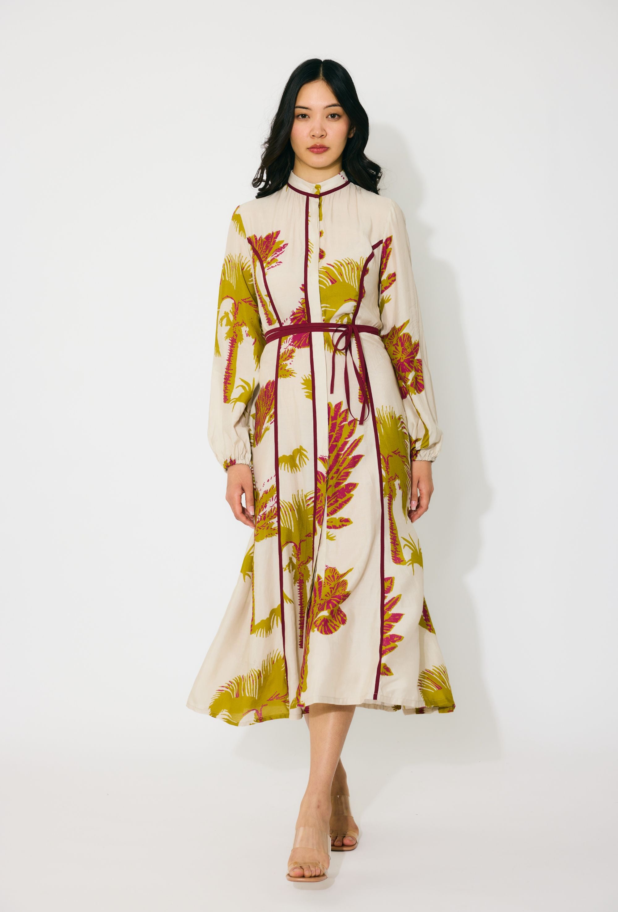 BEIGE, MUSTARD AND HOT PINK FLORAL SHIRT DRESS