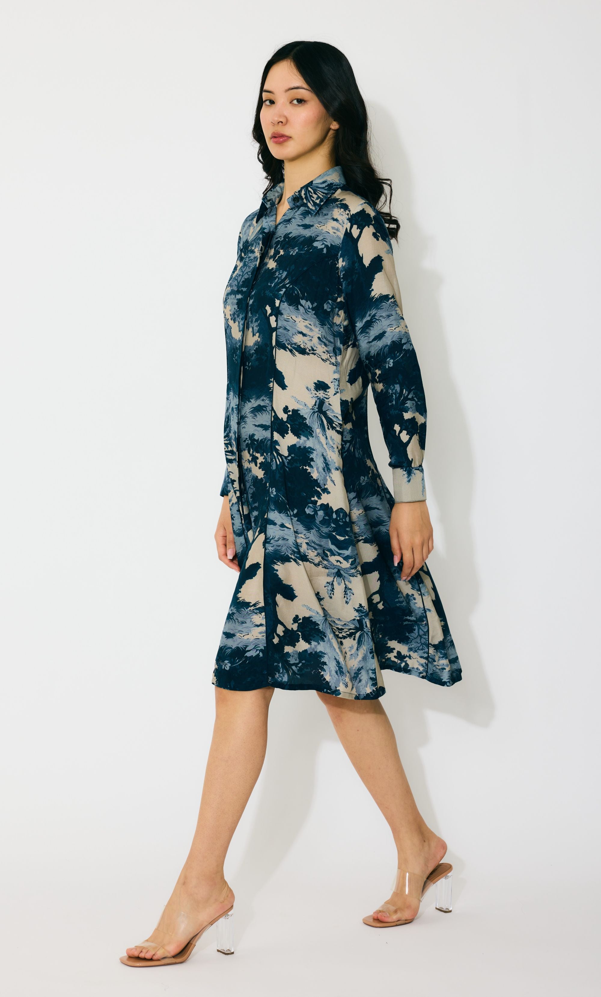 BLUE, INDIGO AND BEIGE TOILE PRINT SHIRT DRESS