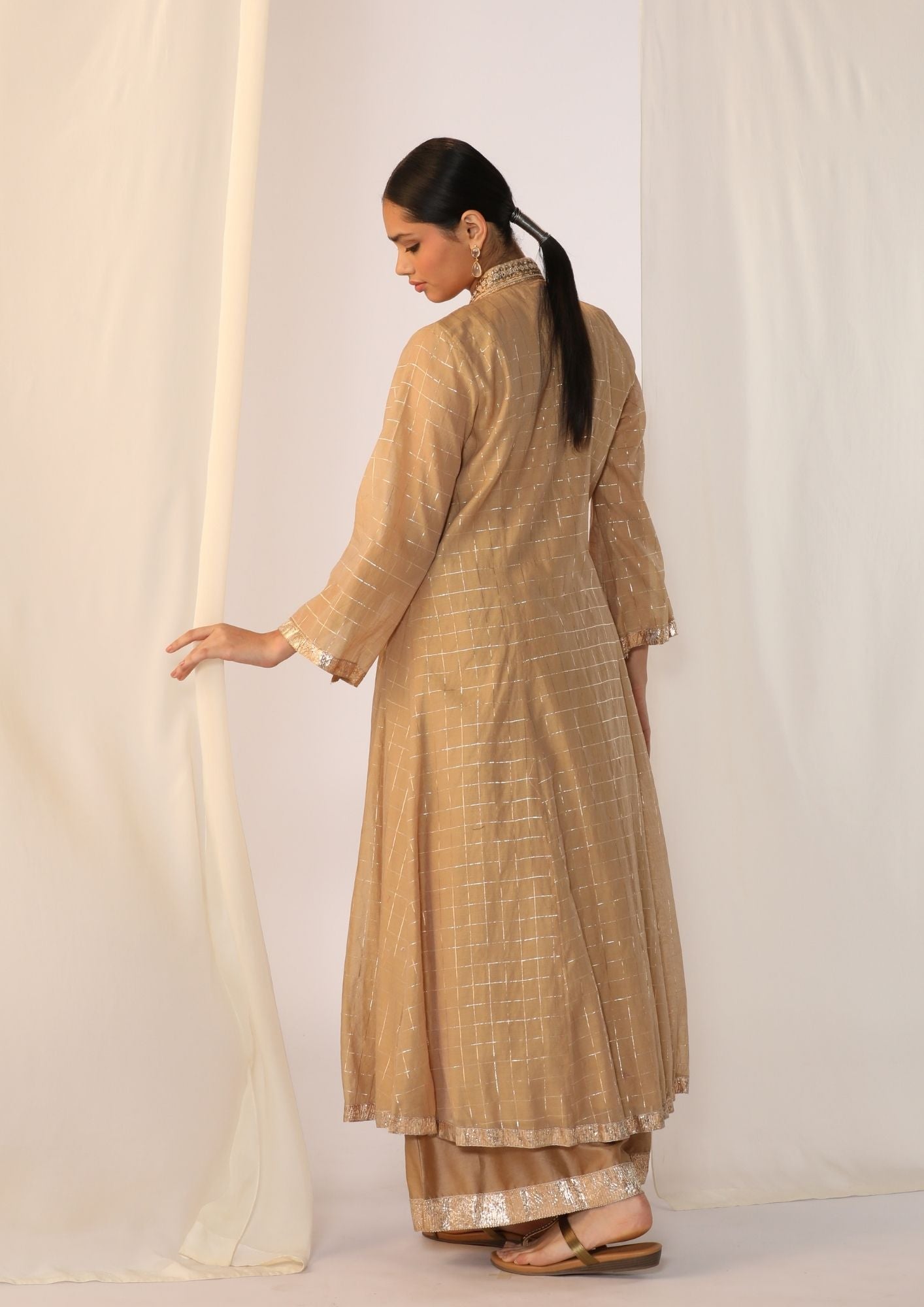 Checks kurta with a smocked neck  with wide-leg pants