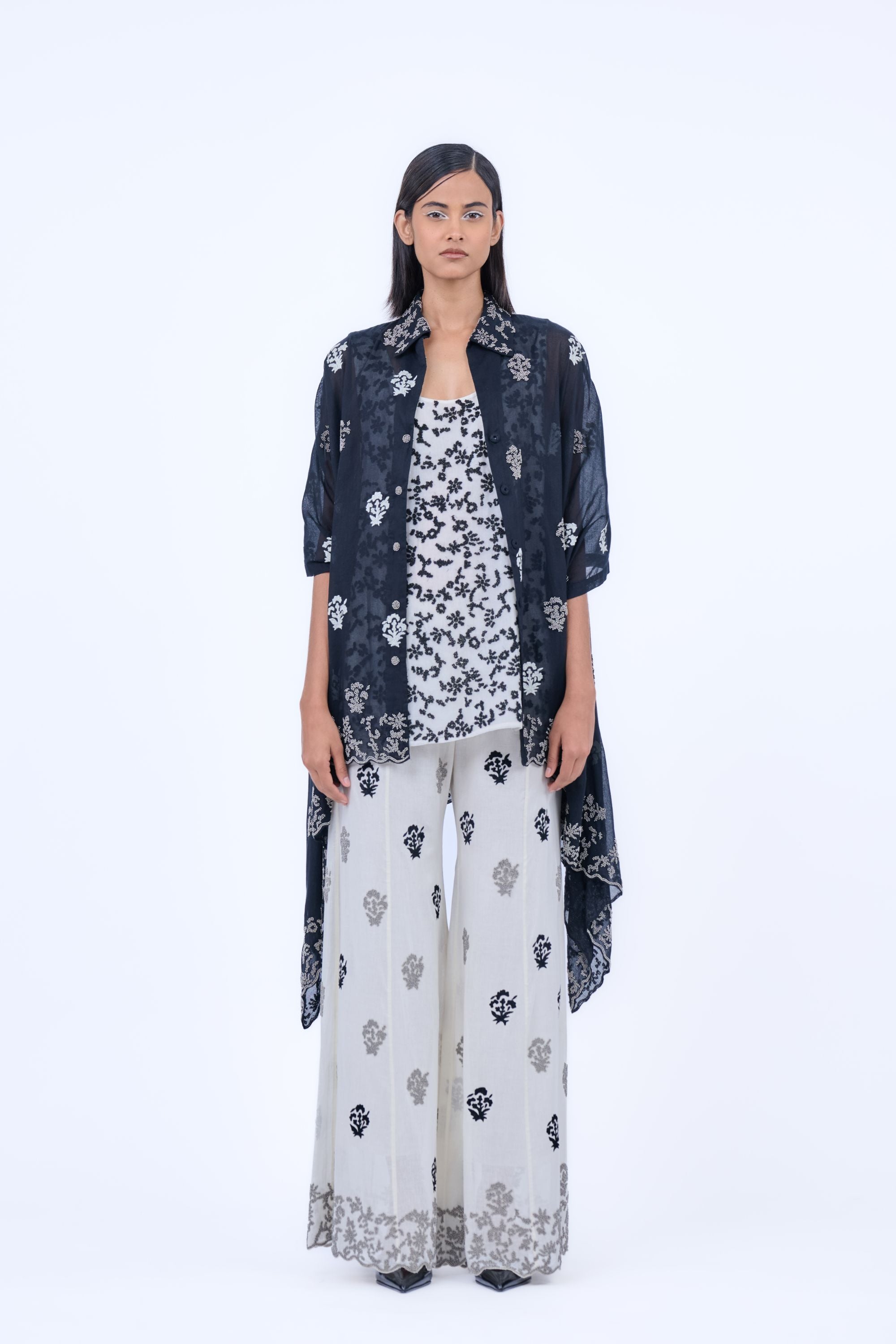 Ecru Blk Slv Handloom Cotton Palazzo
