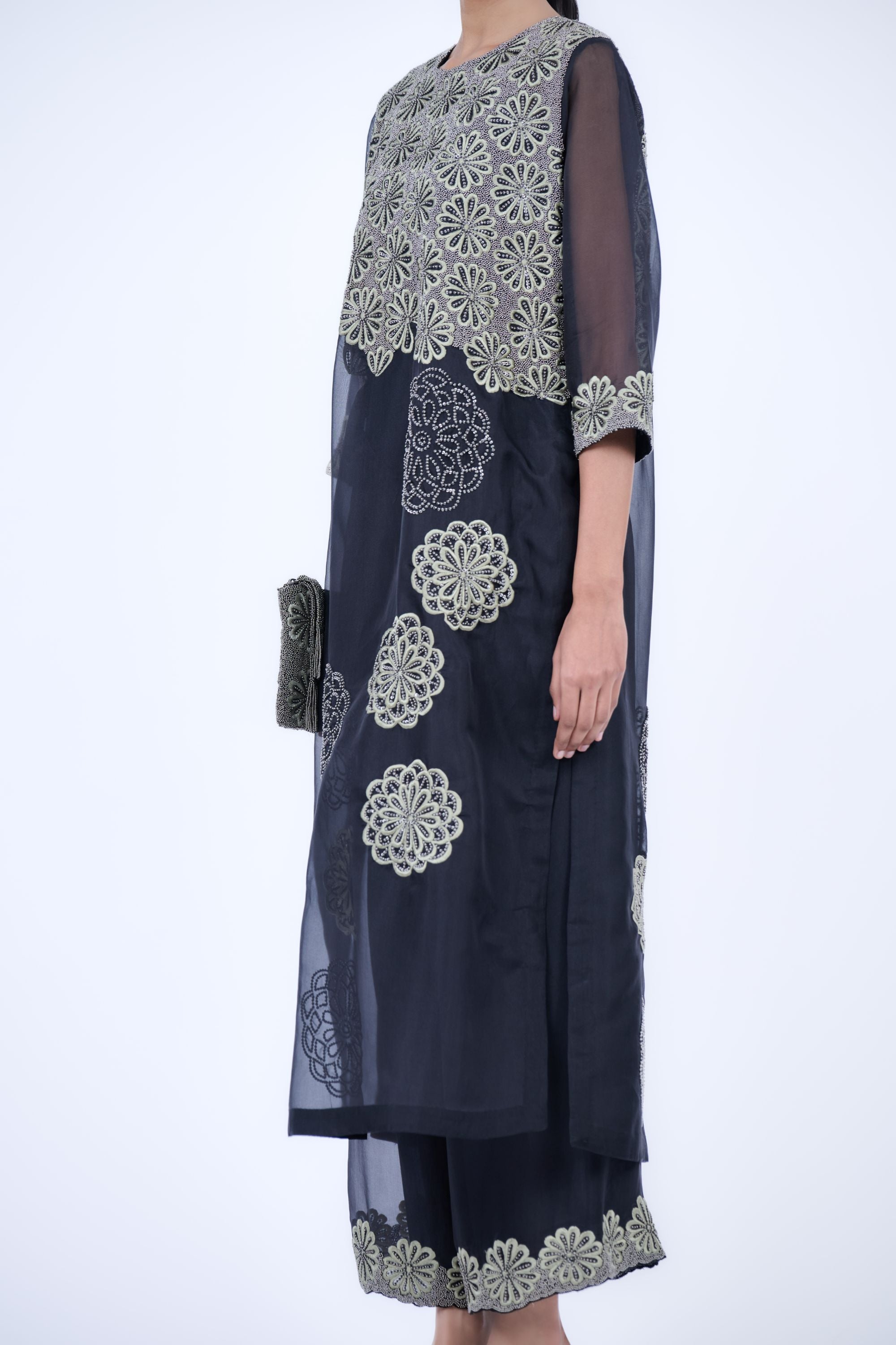 Black Kh Slv Silk Organza Kurta