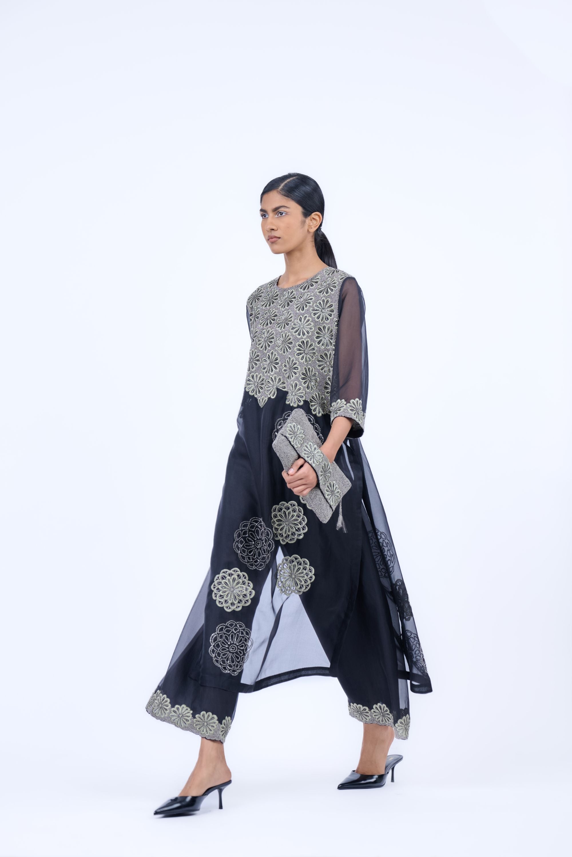 Black Kh Slv Silk Organza Kurta