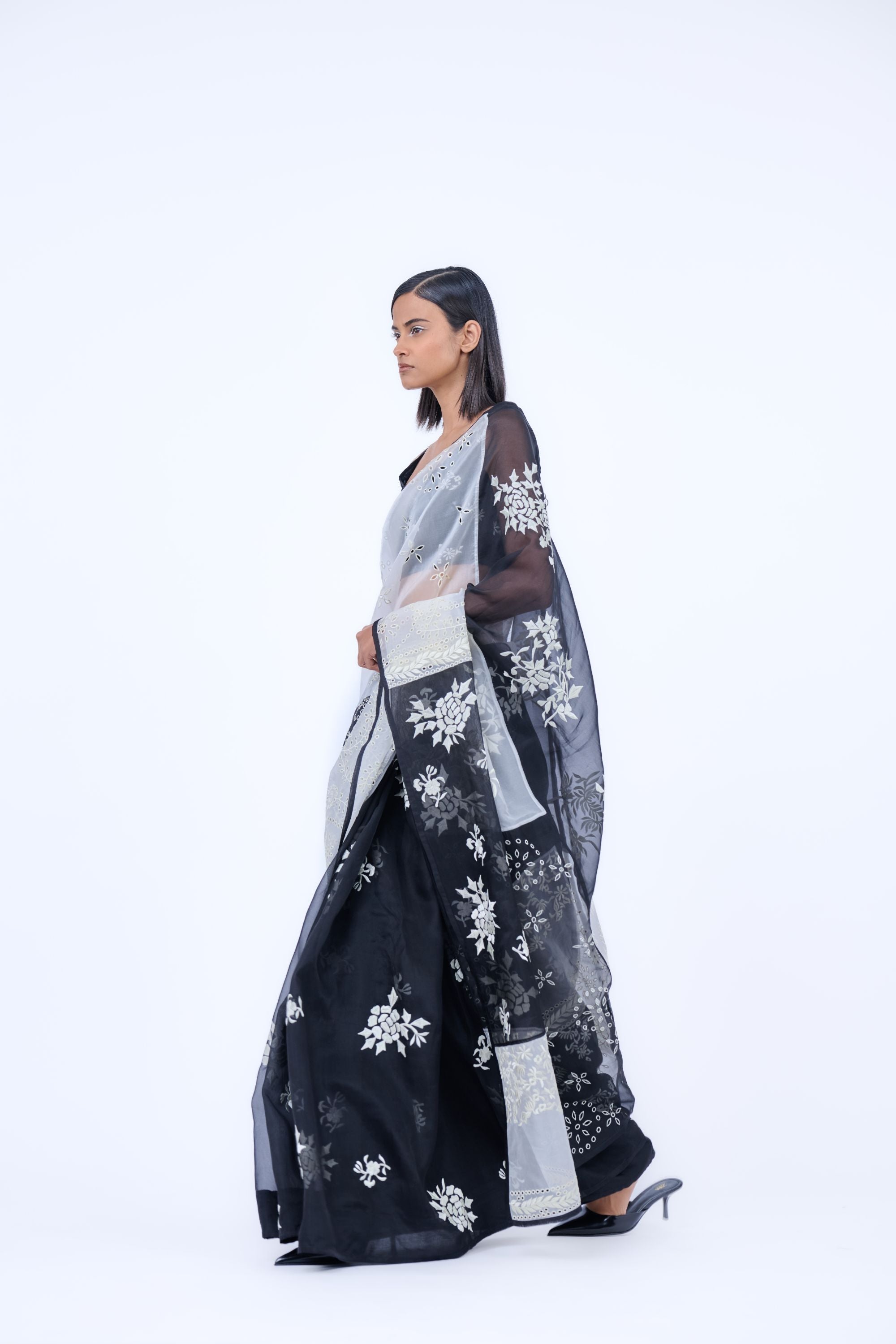 Black Ec Silk Organza Sari