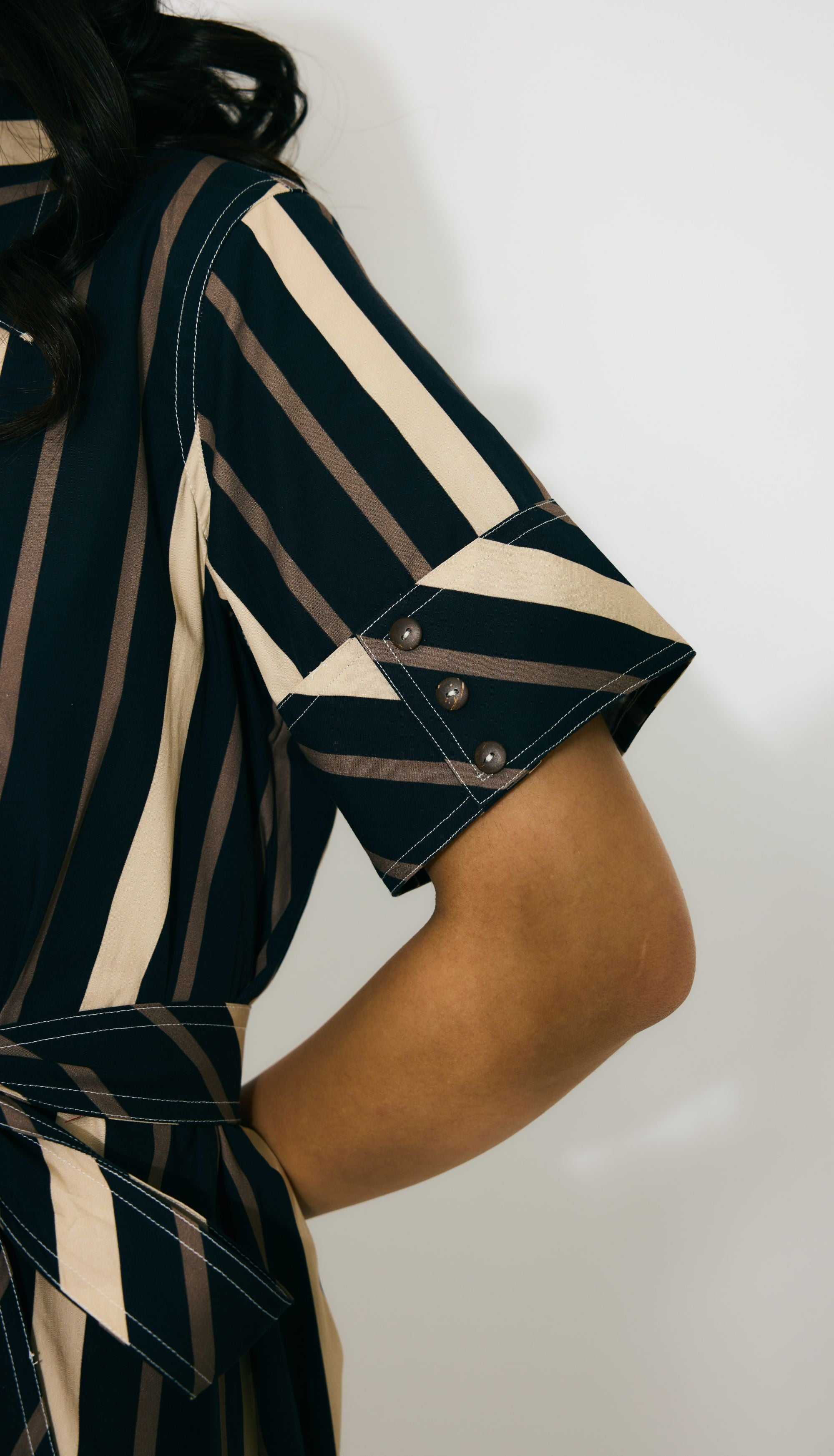 DARK BLUE AND BEIGE STRIPE SHIRT DRESS