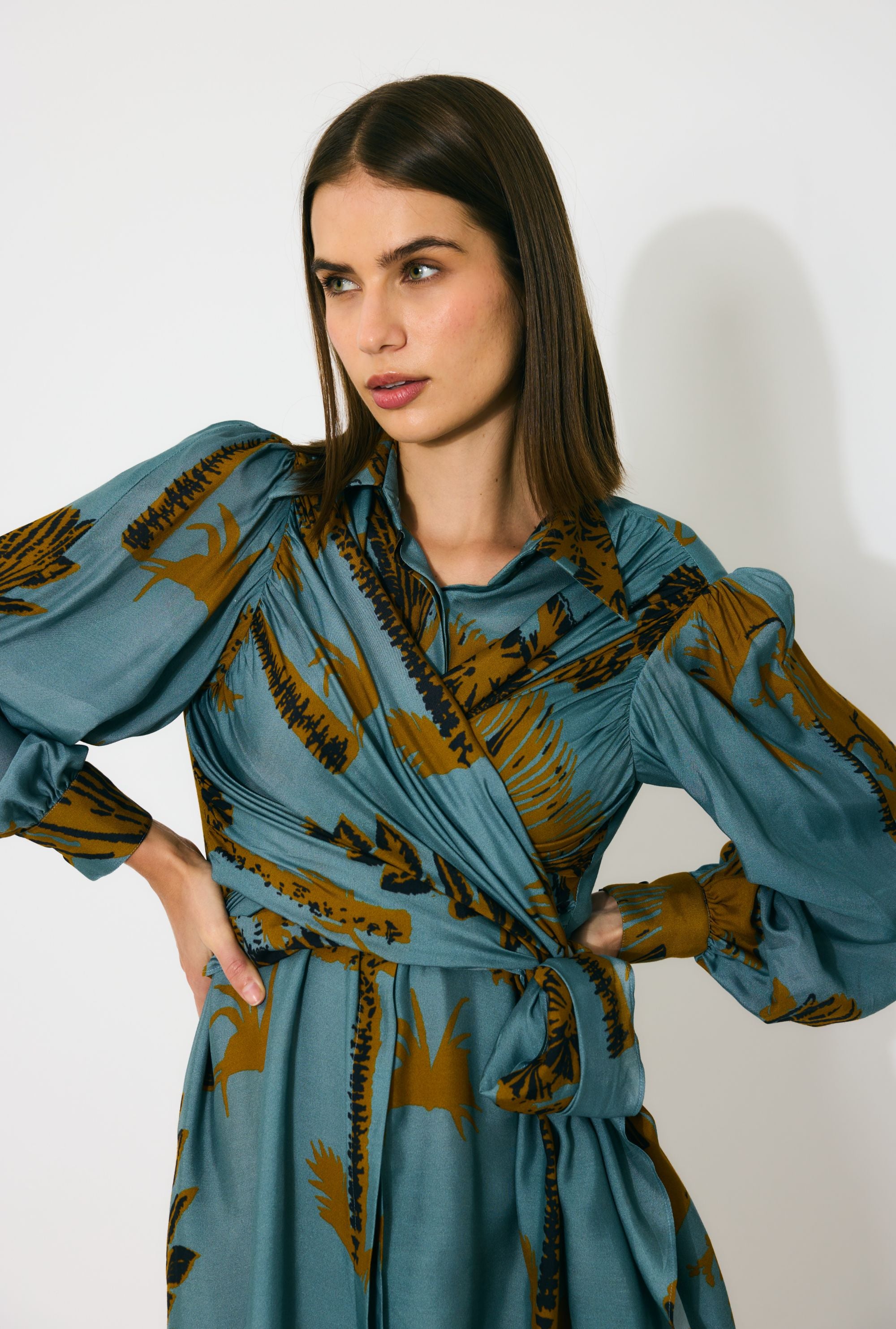 SKY BLUE AND MUSTARD FLORAL WRAP SHIRT DRESS