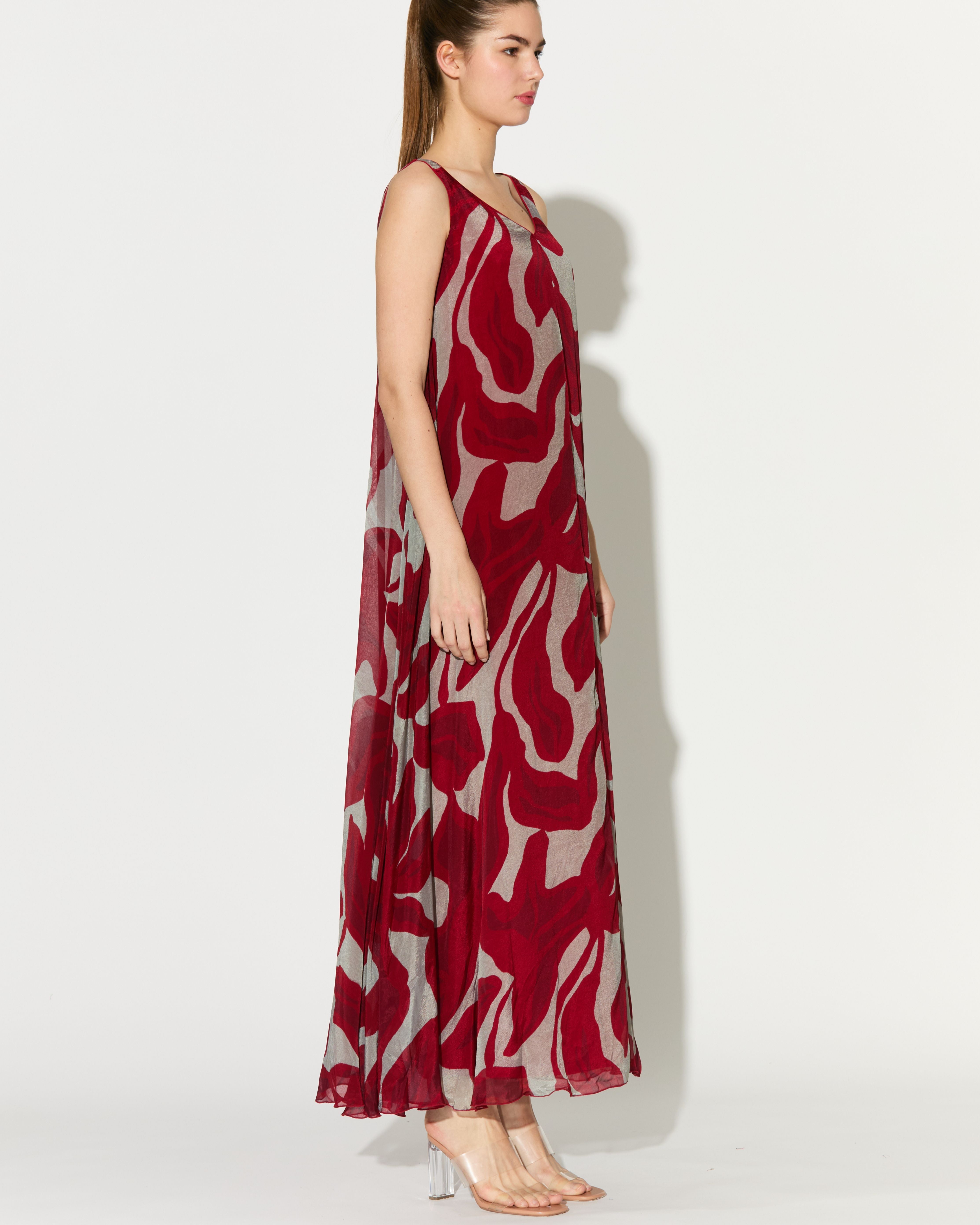 BEIGE AND HOT PINK FLORAL SLEEVELESS LONG DRESS