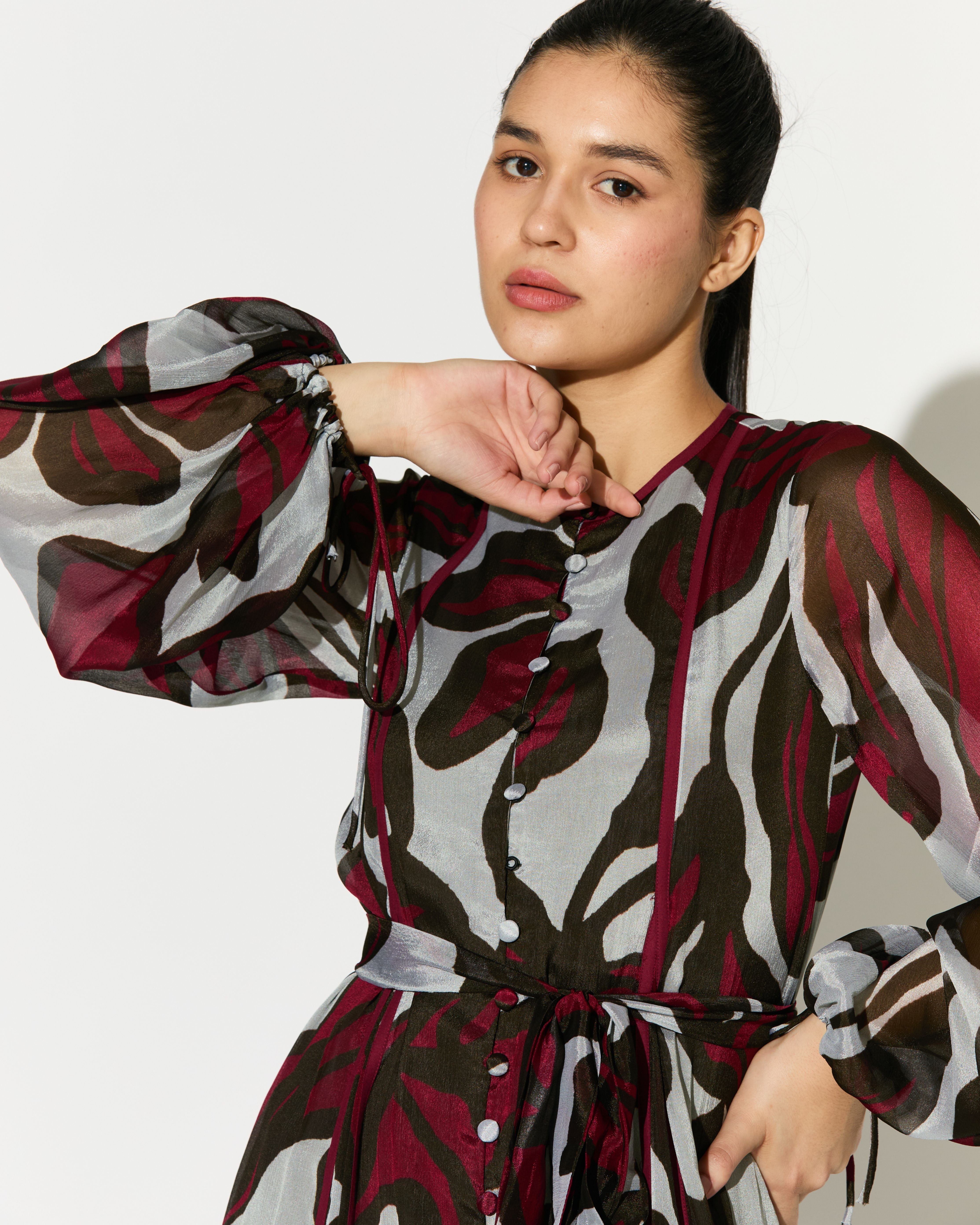 BEIGE, PINK AND GREEN FLORAL LONG DRESS