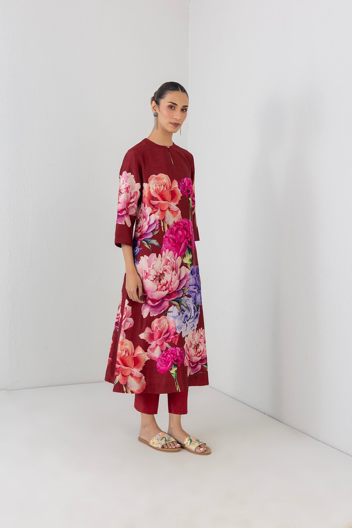 Scarlet Red Dupion Floral Printed Tunic