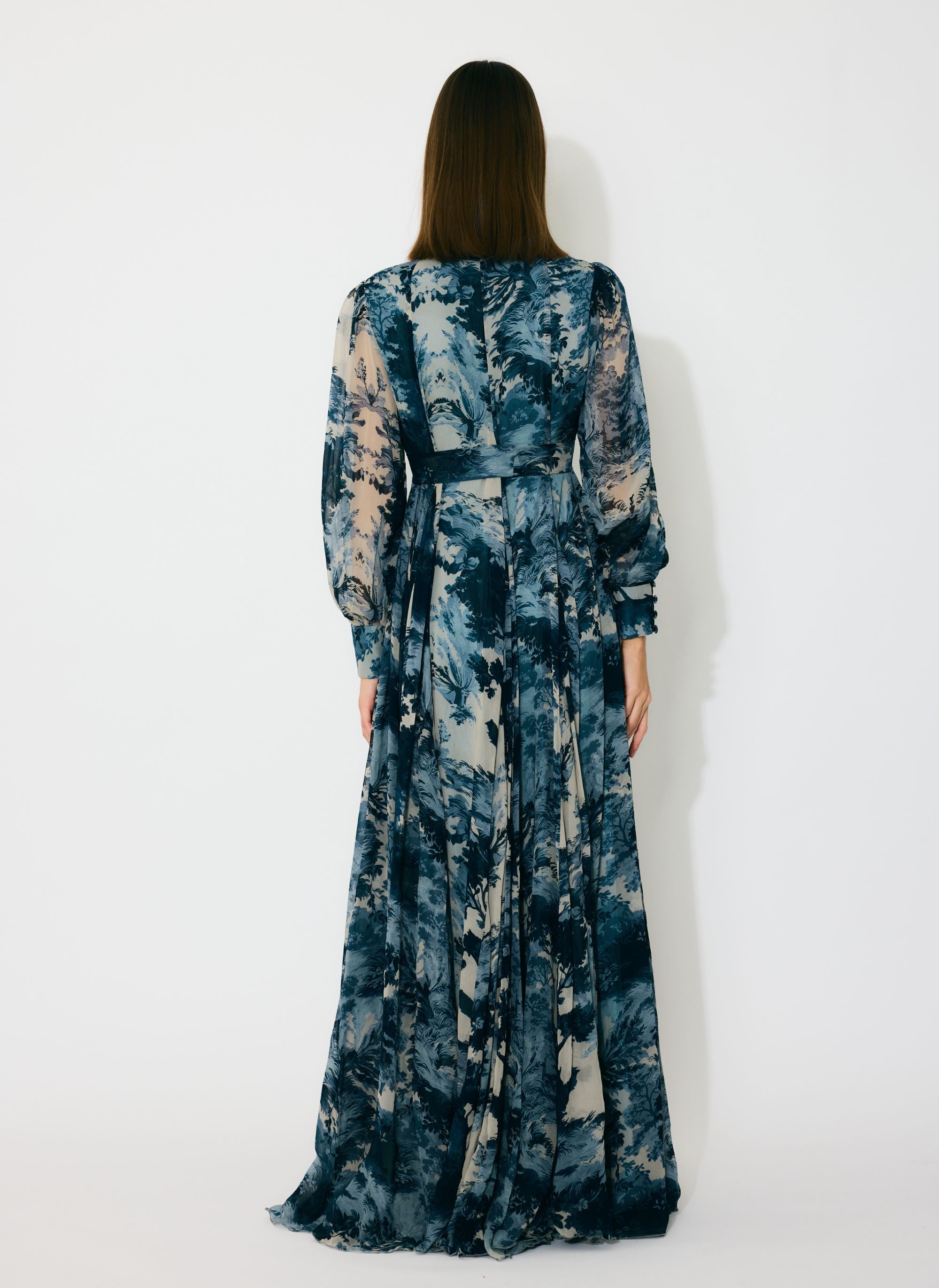 BLUE, INDIGO AND BEIGE TOILE PRINT LONG DRESS