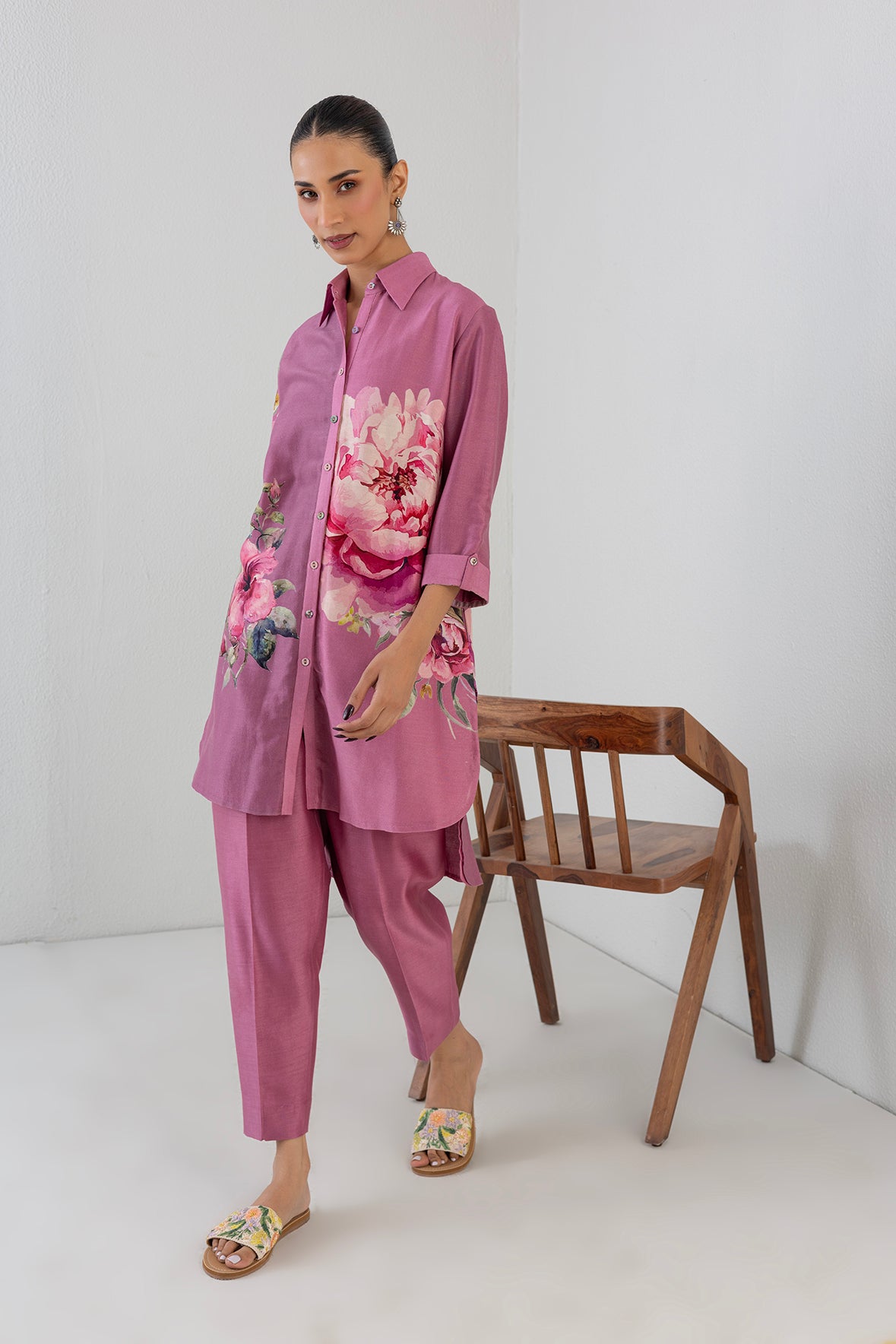 Blush Pink Silk Chanderi Peony Flower Printed Shirt