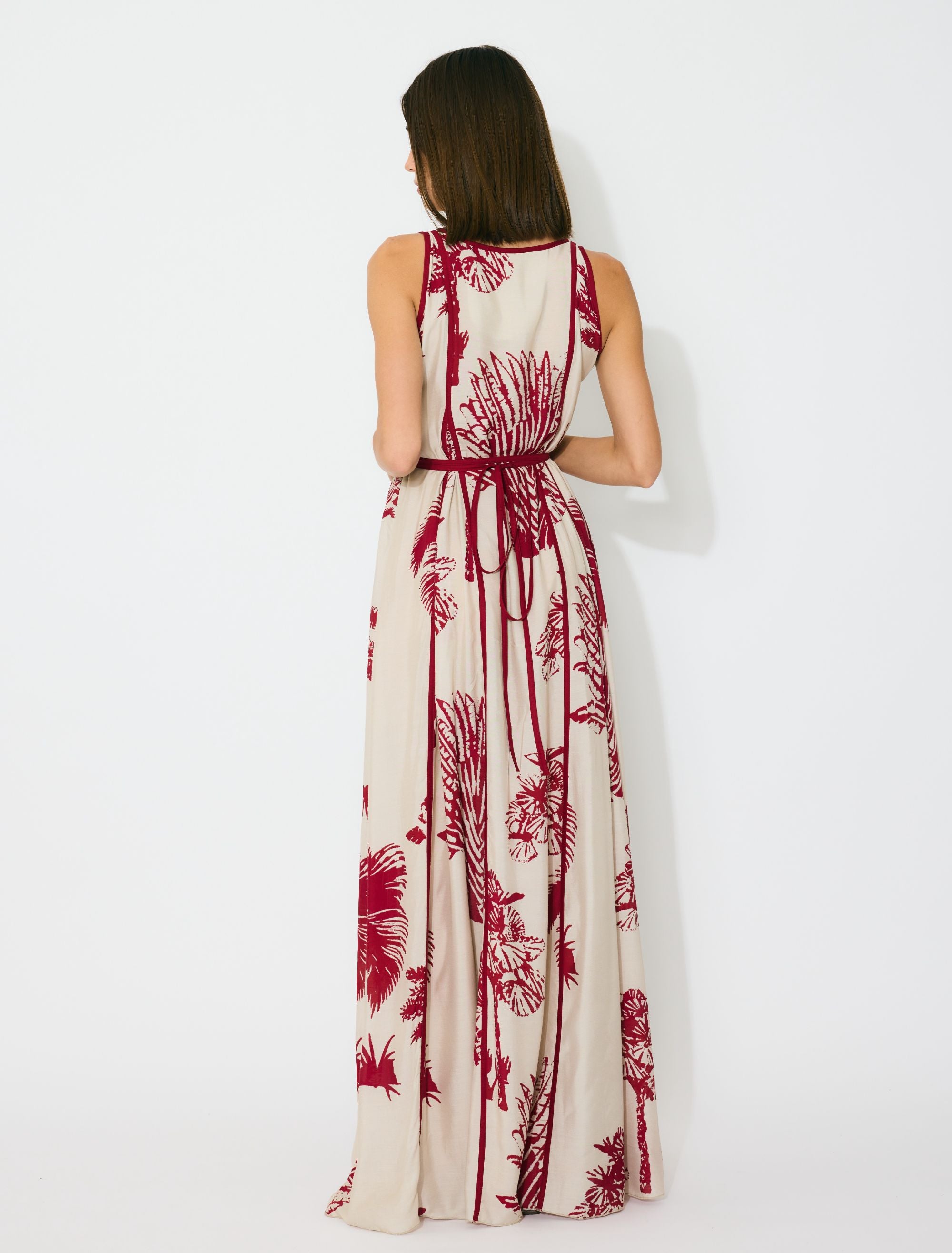 BEIGE AND RED FLORAL SLEEVELESS LONG DRESS