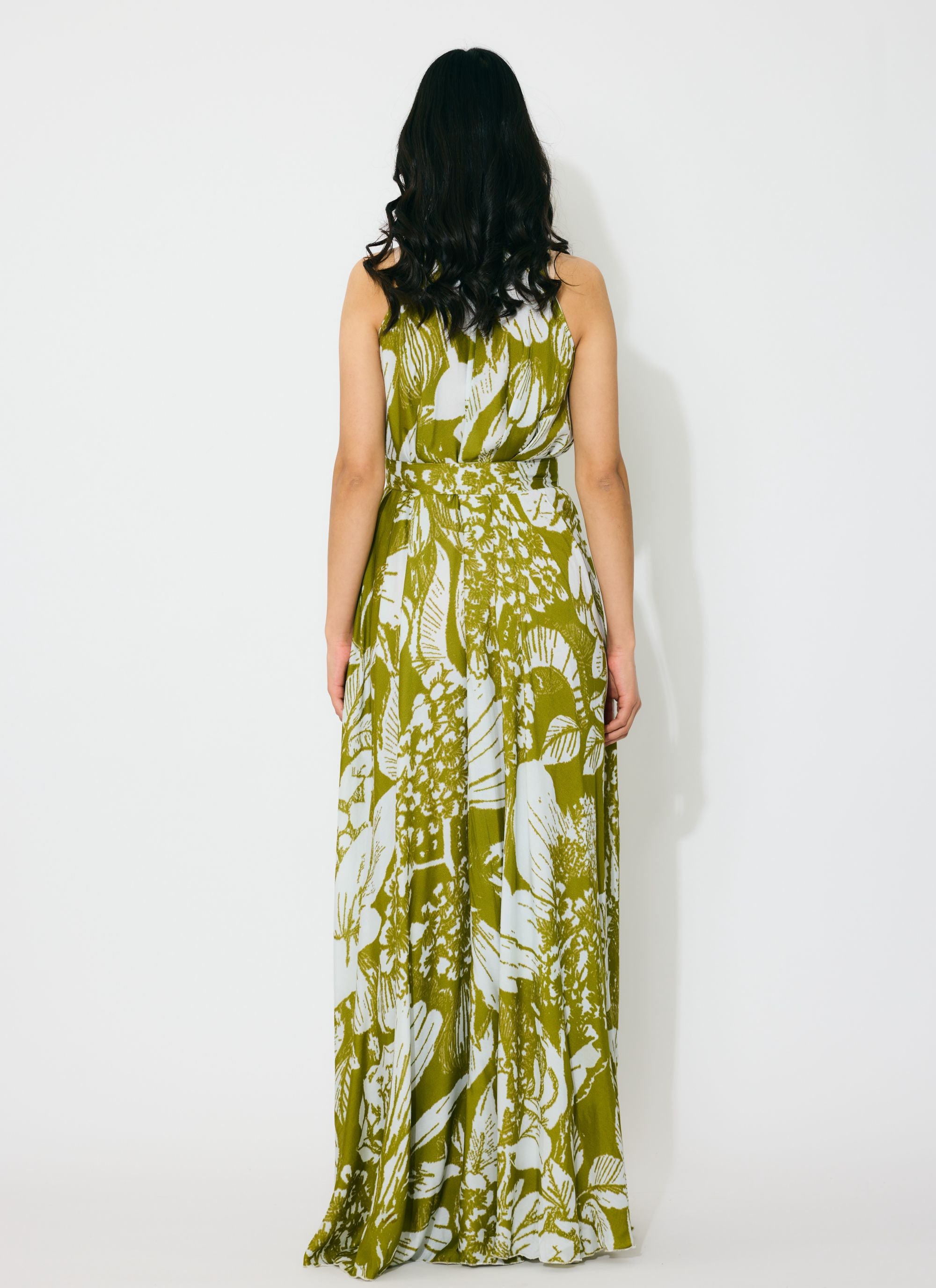 LEAF GREEN AND WHITE FLORAL SLEEVELESS LONG DRESS