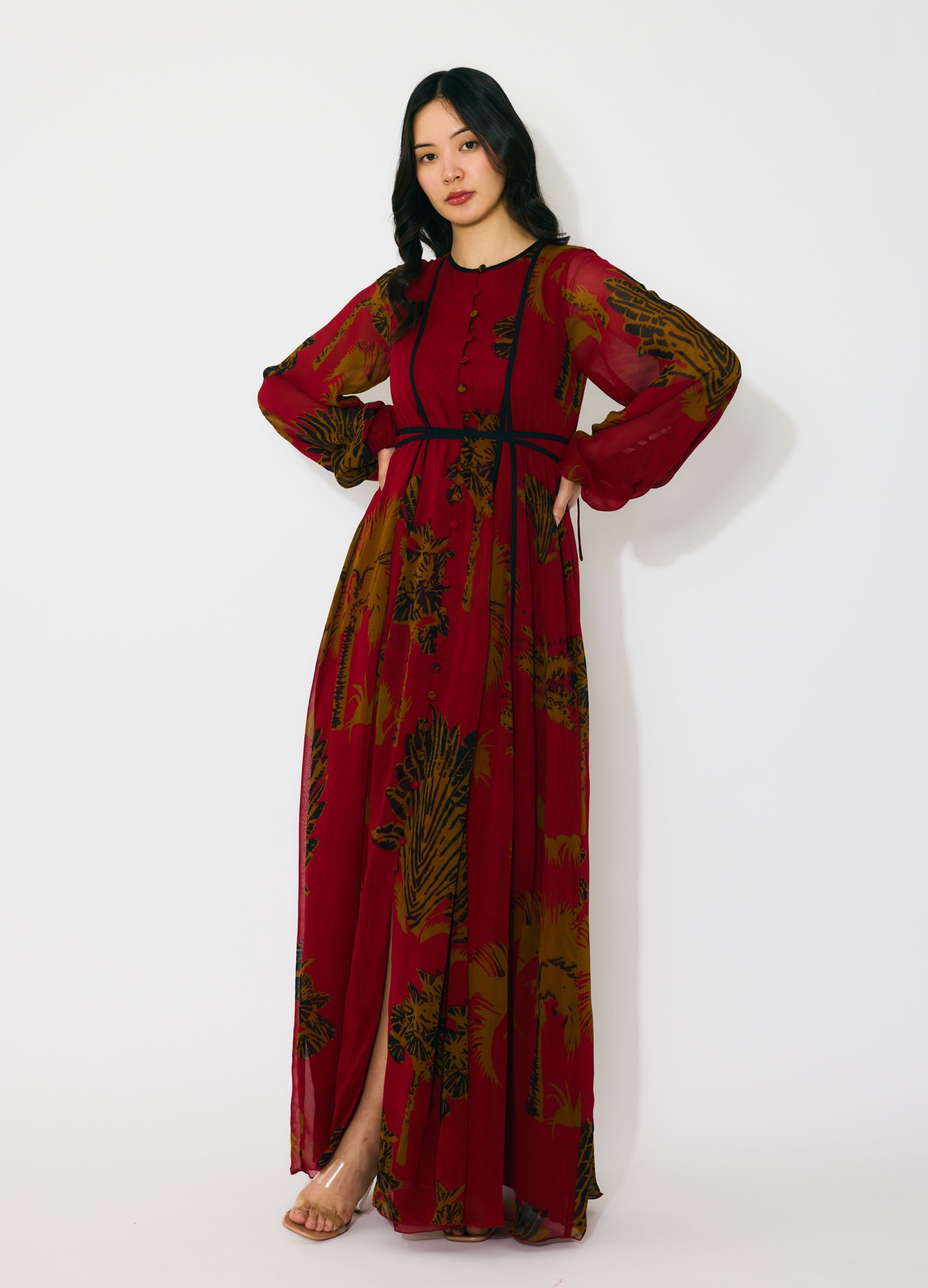 RED, MUSTARD AND BLACK FLORAL LONG SHIRT DRESS
