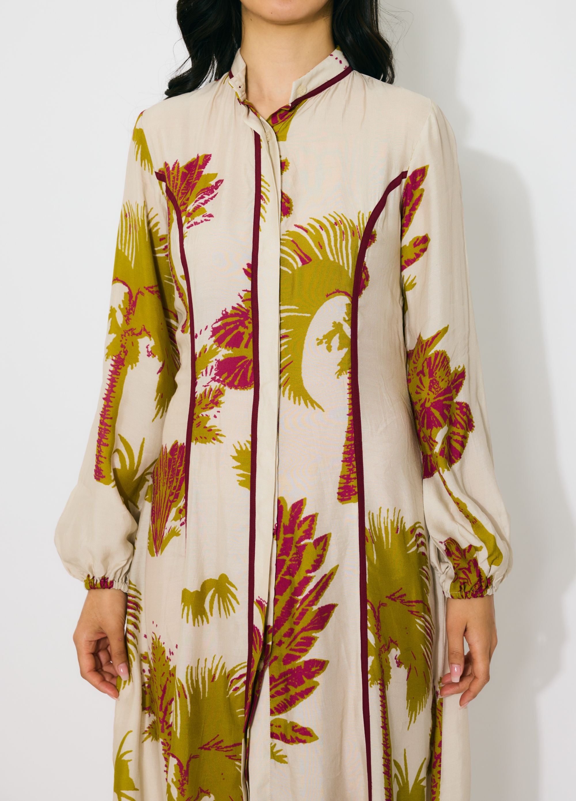 BEIGE, MUSTARD AND HOT PINK FLORAL SHIRT DRESS