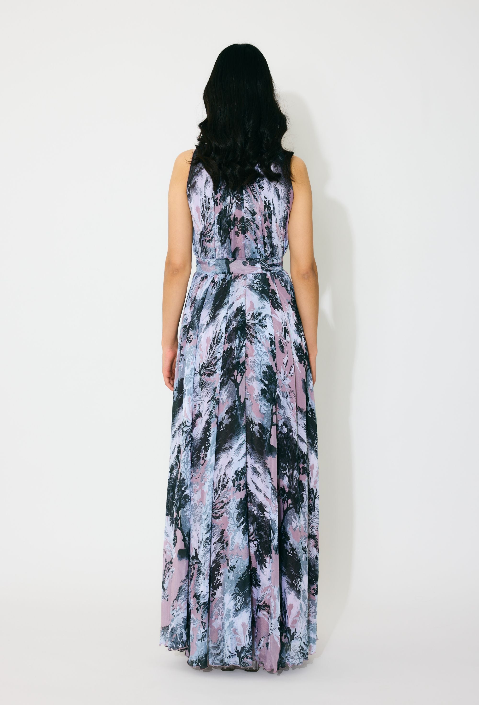 PINK, GREY AND WHITE TOILE PRINT LONG DRESS
