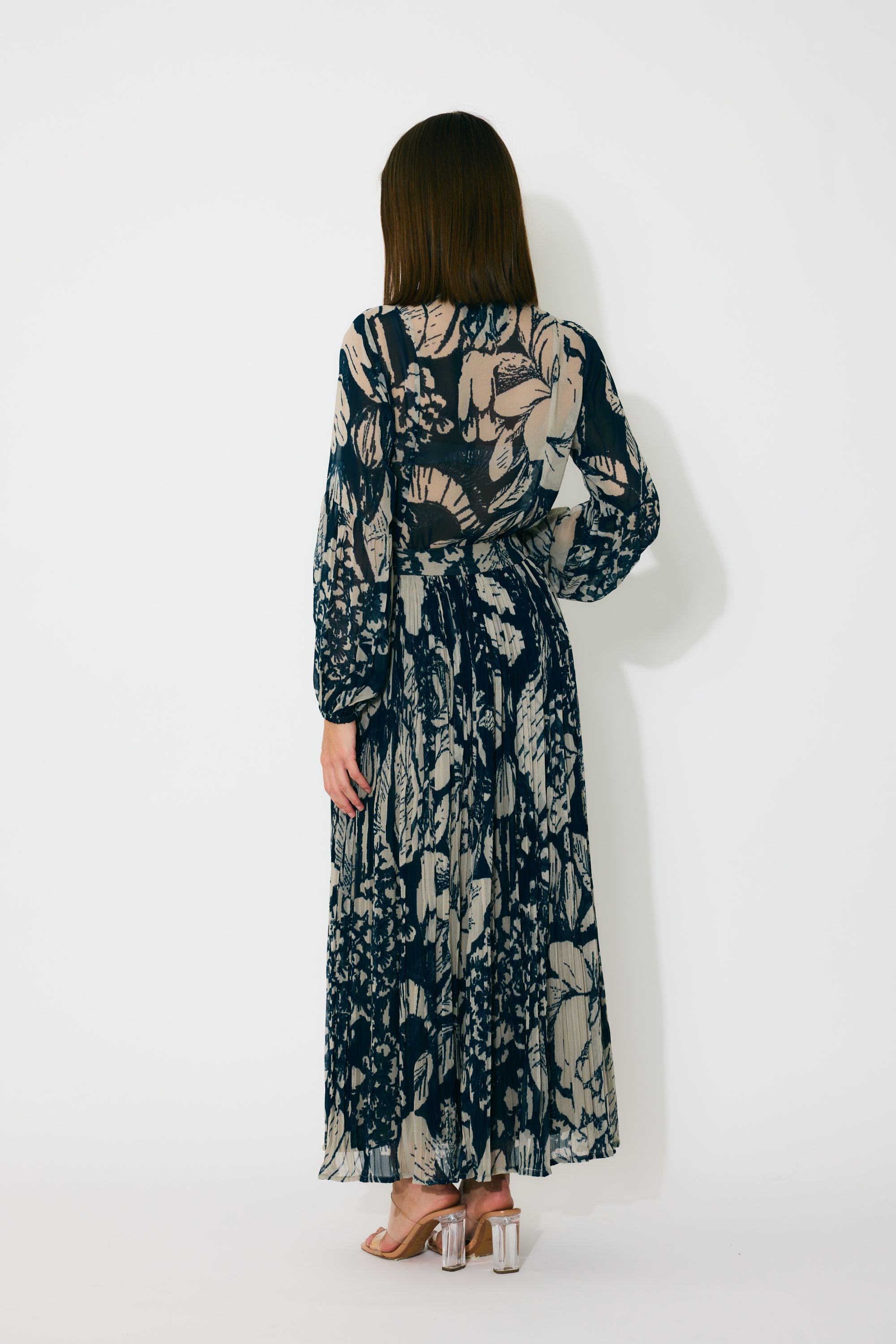 BLUE AND BEIGE FLORAL CRINKLED SKIRT