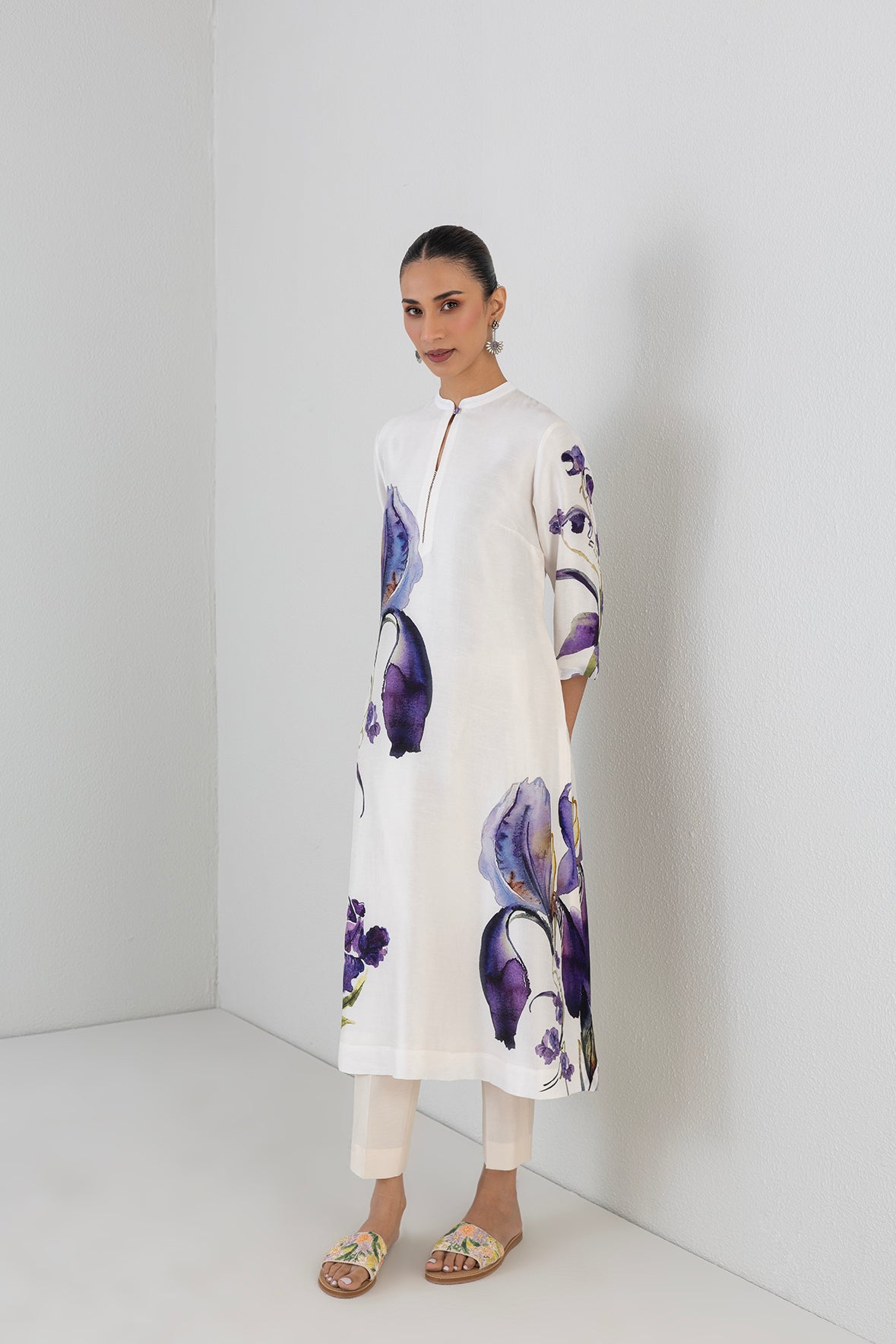 Pearl Ivory Dupion Iris Lily Printed Tunic