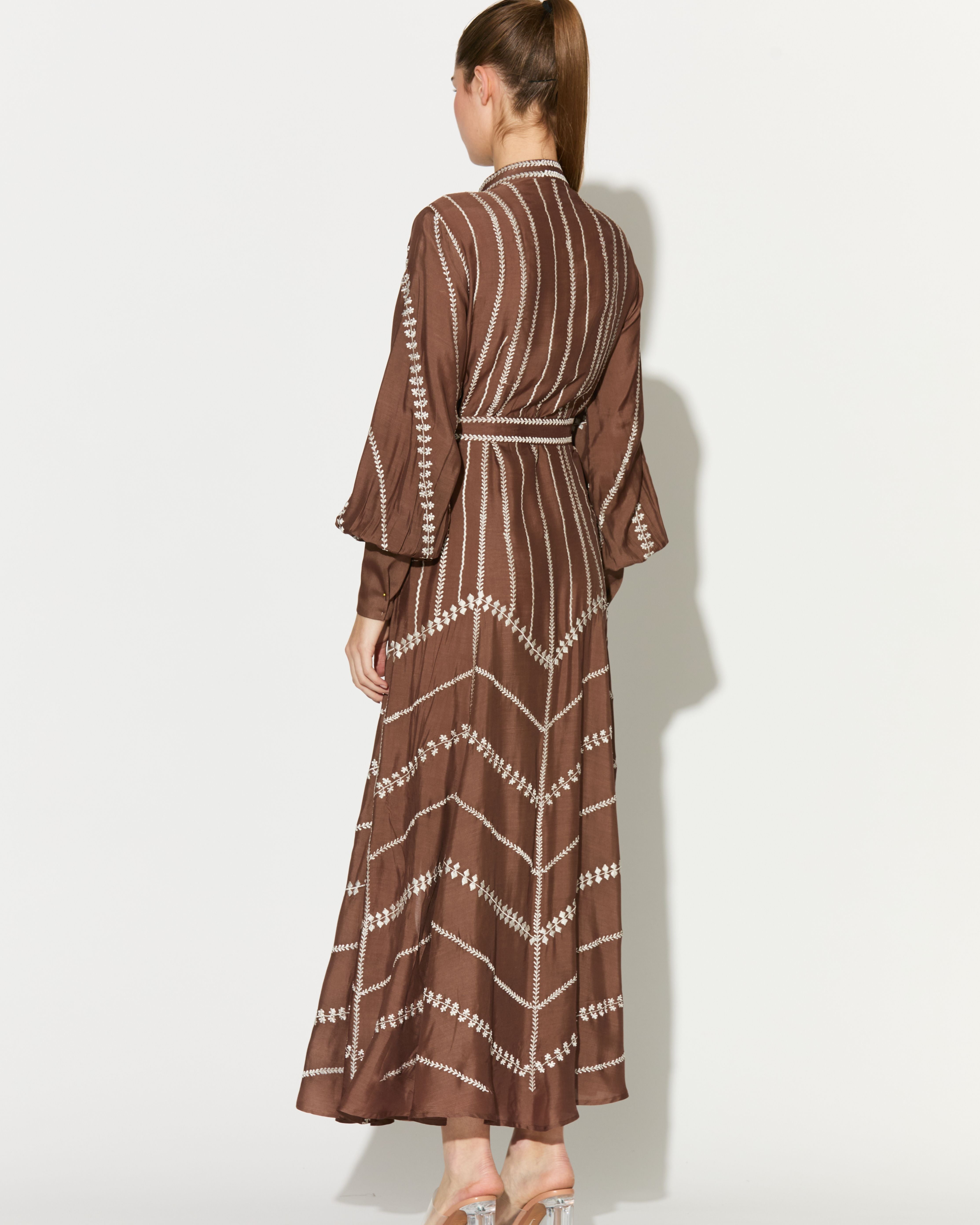 BROWN EMBROIDERED SHIRT DRESS