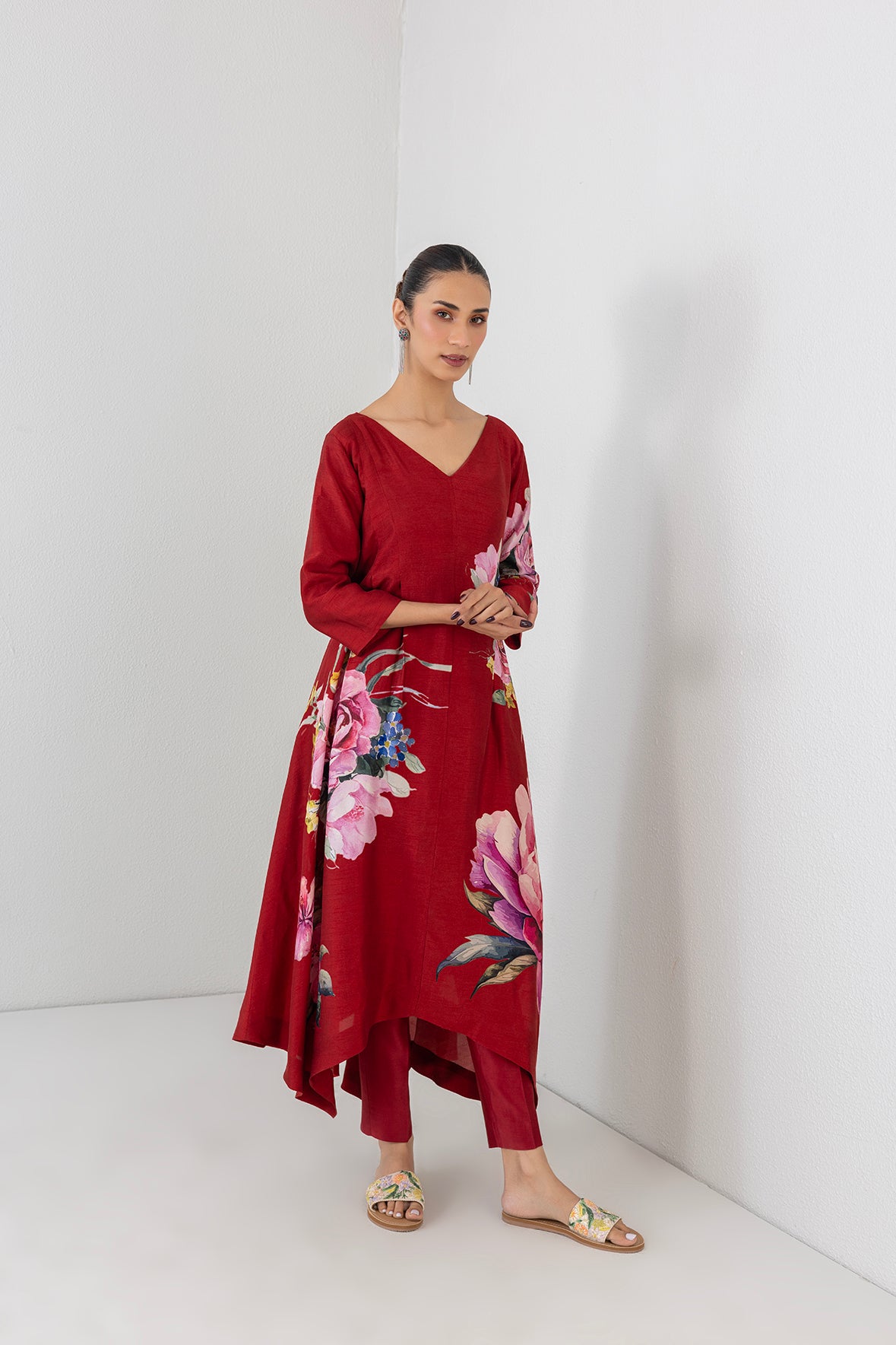 Crimson Flame Red Dupion China Rose Printed Dress