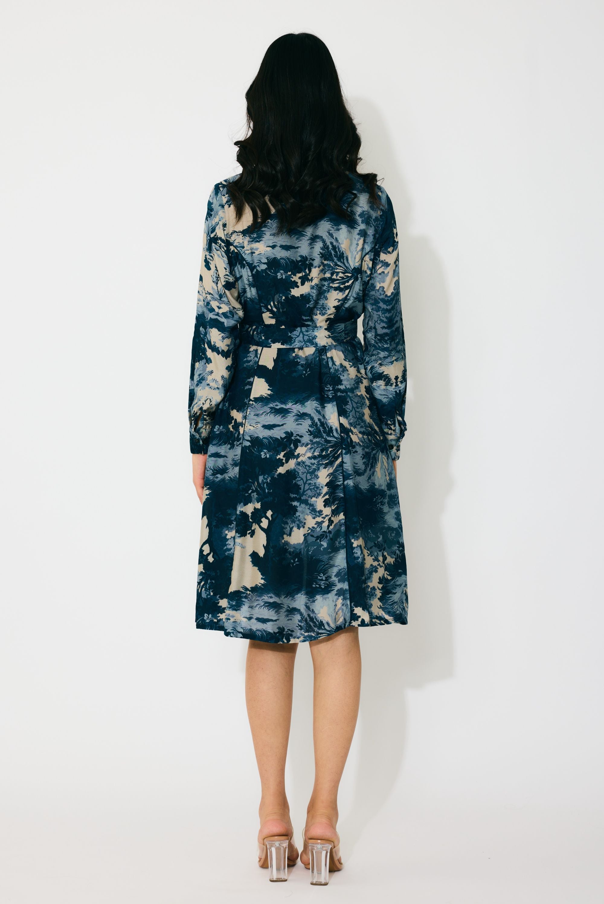BLUE, INDIGO AND BEIGE TOILE PRINT SHIRT DRESS
