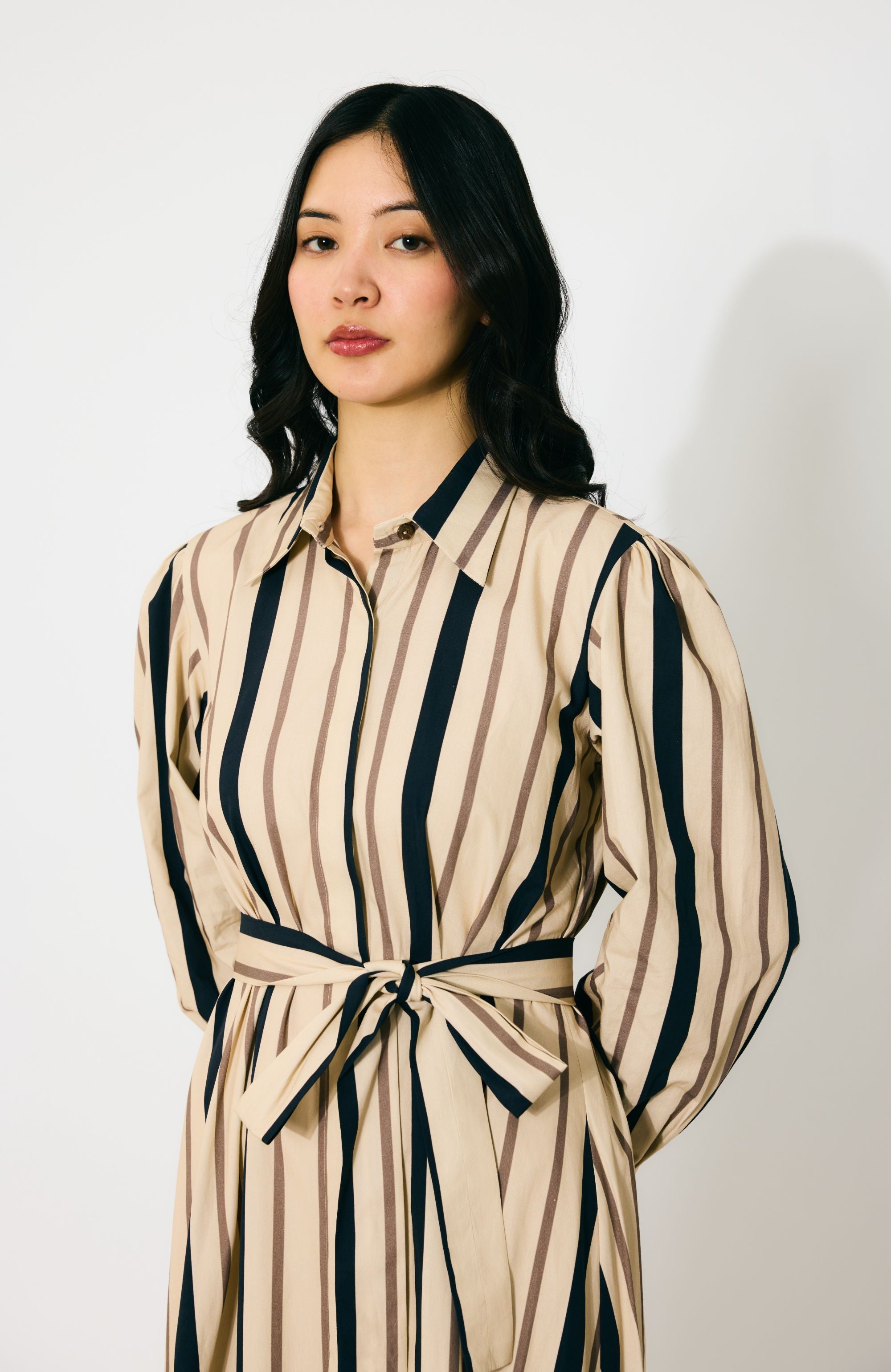 CREAM AND DARK GREEN STRIPE SHIRT DRESS