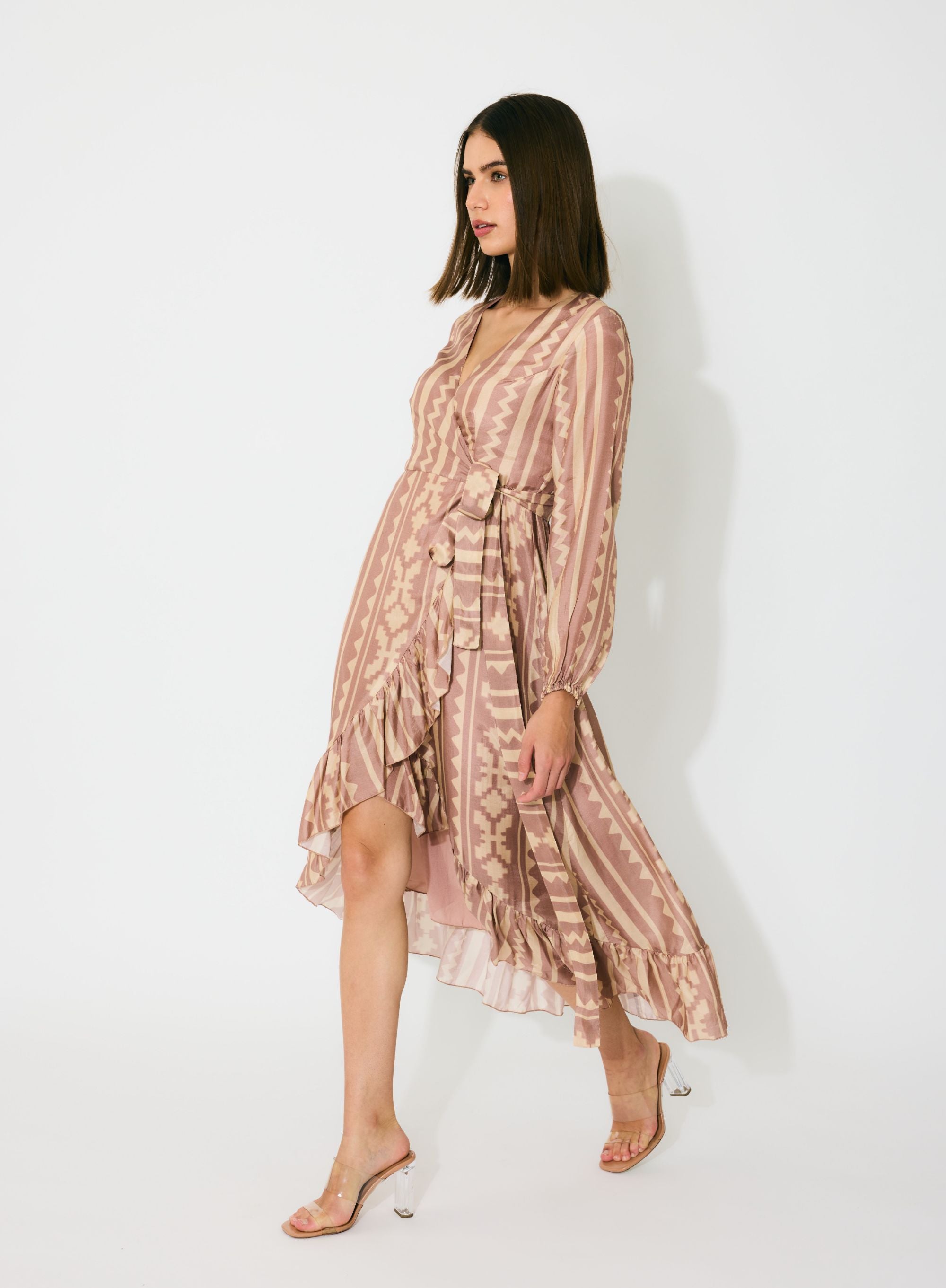 PEACH AND CREAM PATTERN WRAP DRESS