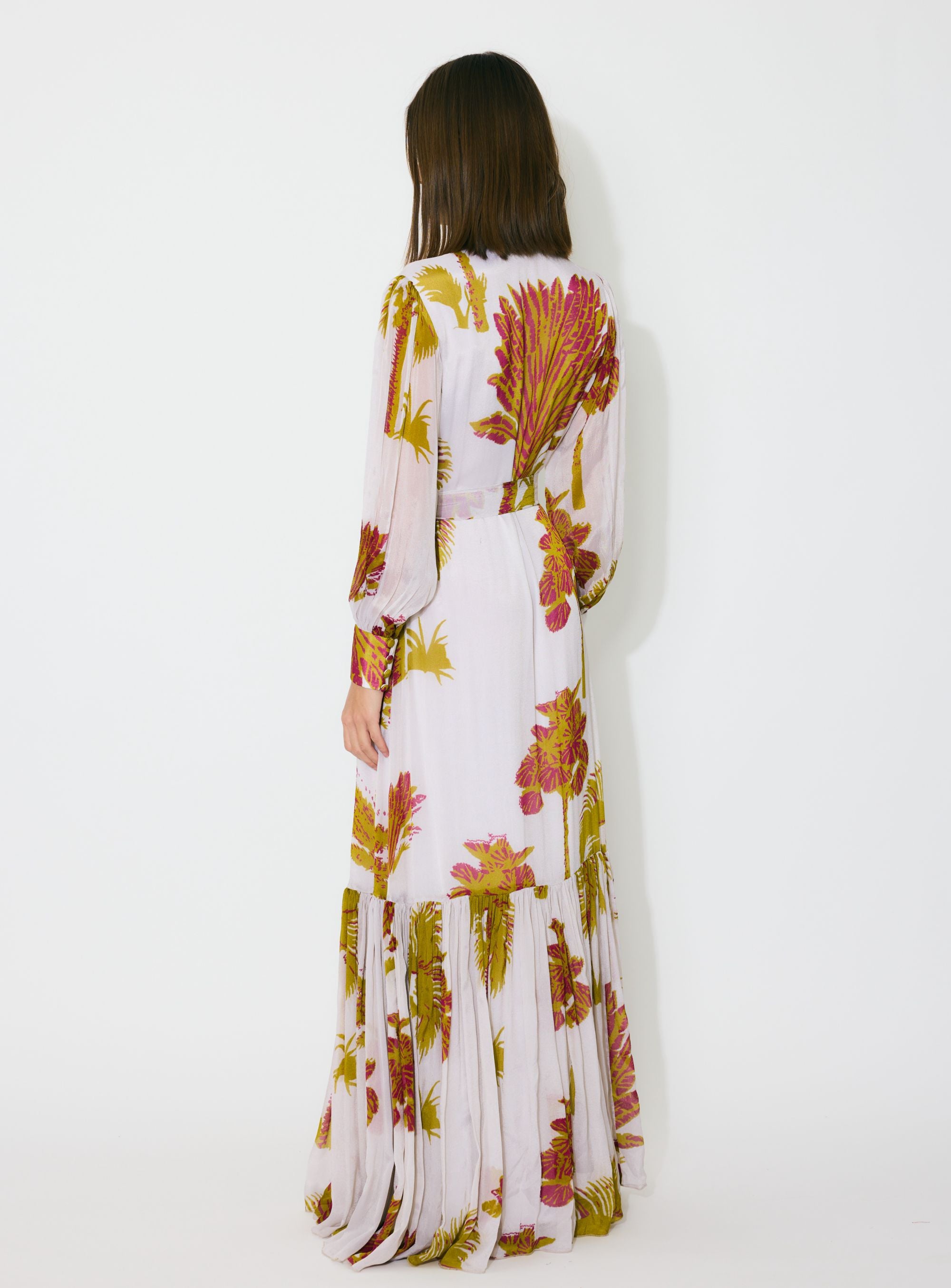 BEIGE, MUSTARD AND HOT PINK FLORAL LONG DRESS