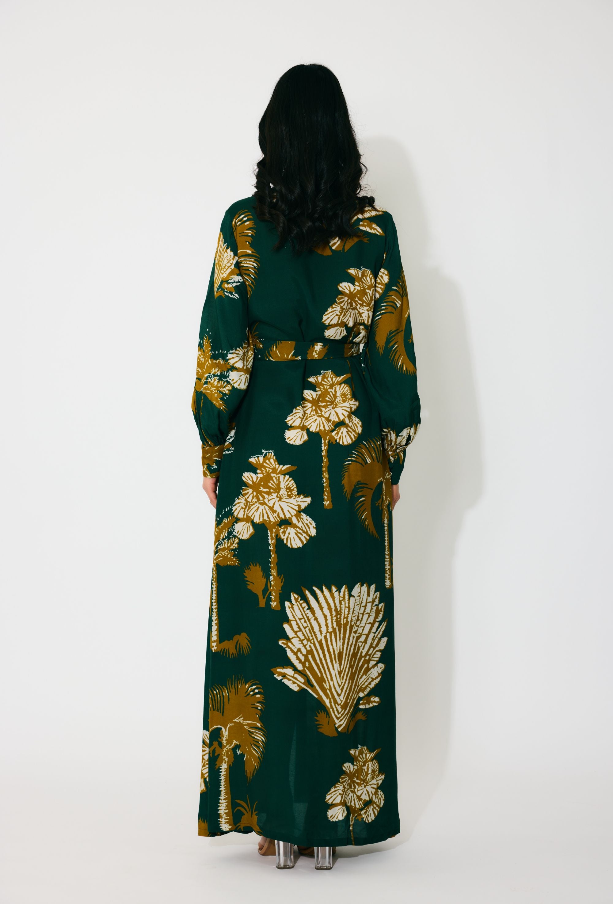 DARK GREEN AND MUSTARD FLORAL LONG SHIRT DRESS