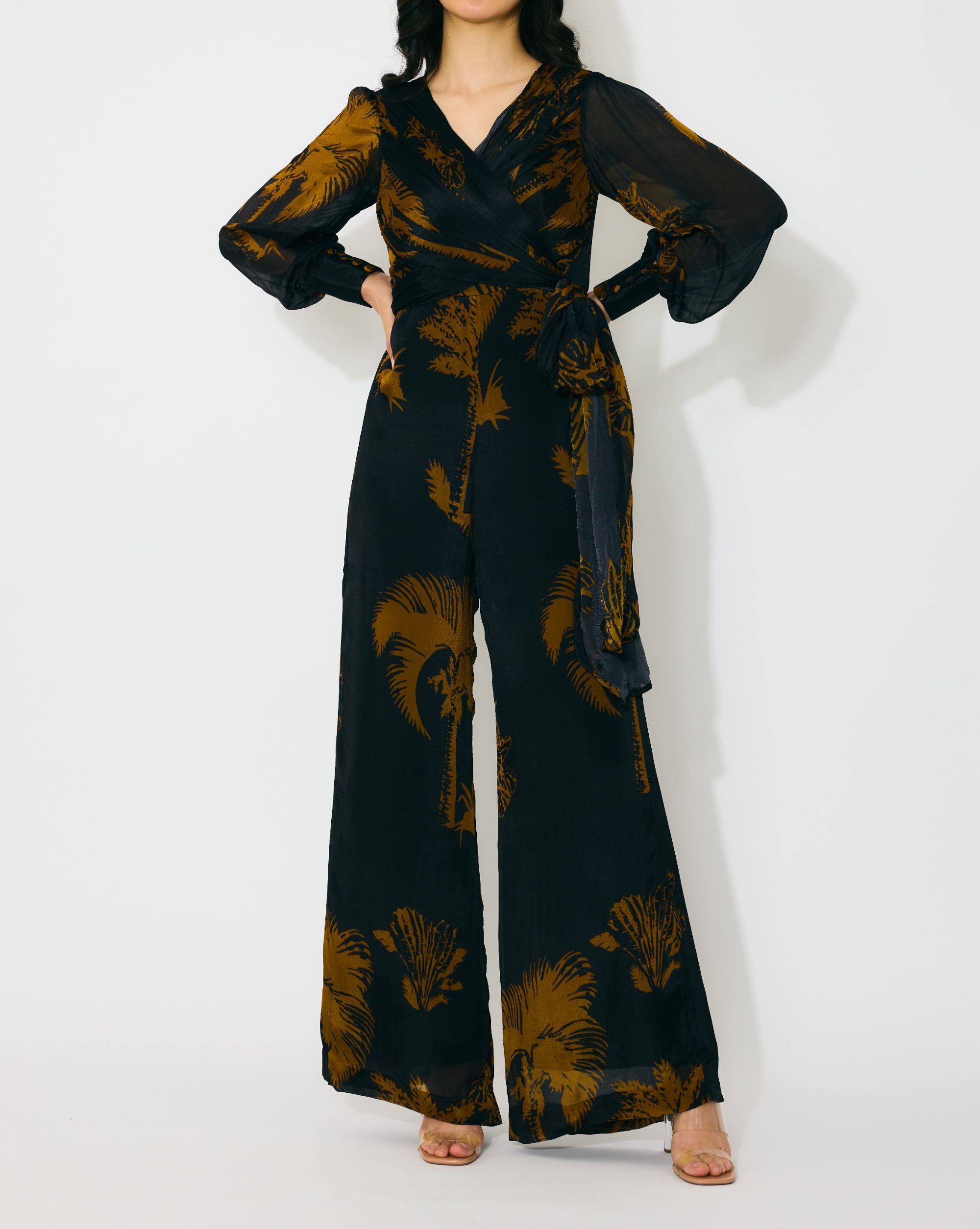 BLACK AND GOLD FLORAL WRAP JUMPSUIT