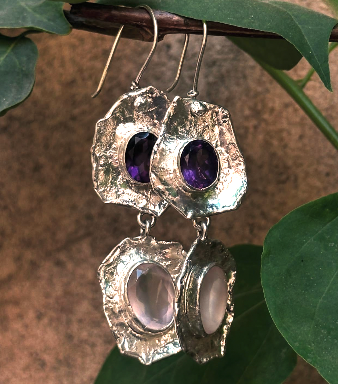Twilight Bloom –  Dual-Stone Sculpted  Silver Earrings