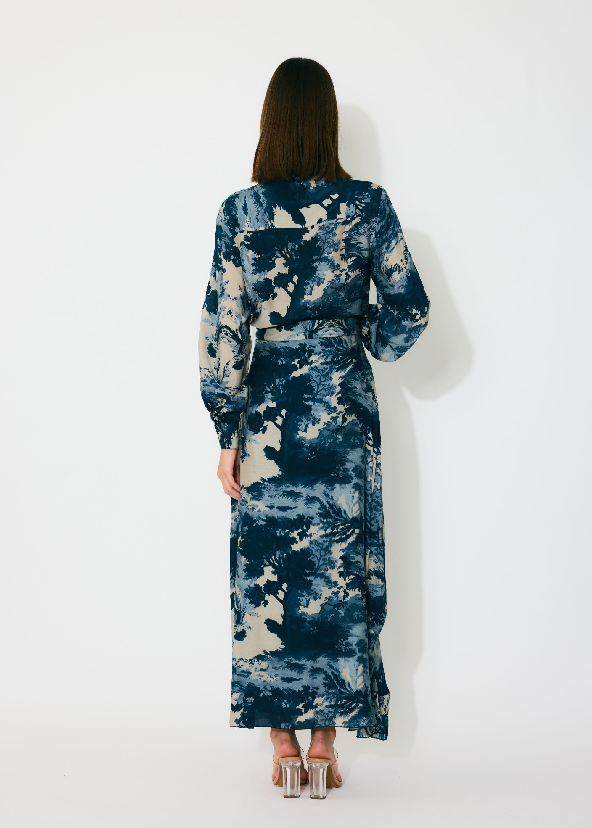 BLUE, INDIGO AND BEIGE TOILE PRINT WRAP SKIRT