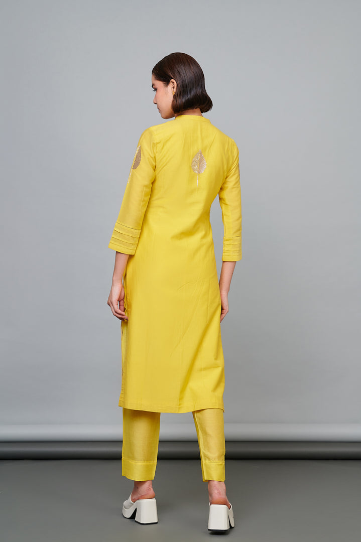 Mango Yellow Hand Embroidered Ambi-Paisley Motif on Silk Chanderi Kurta Set