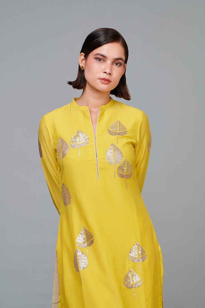 Mango Yellow Hand Embroidered Ambi-Paisley Motif on Silk Chanderi Kurta Set