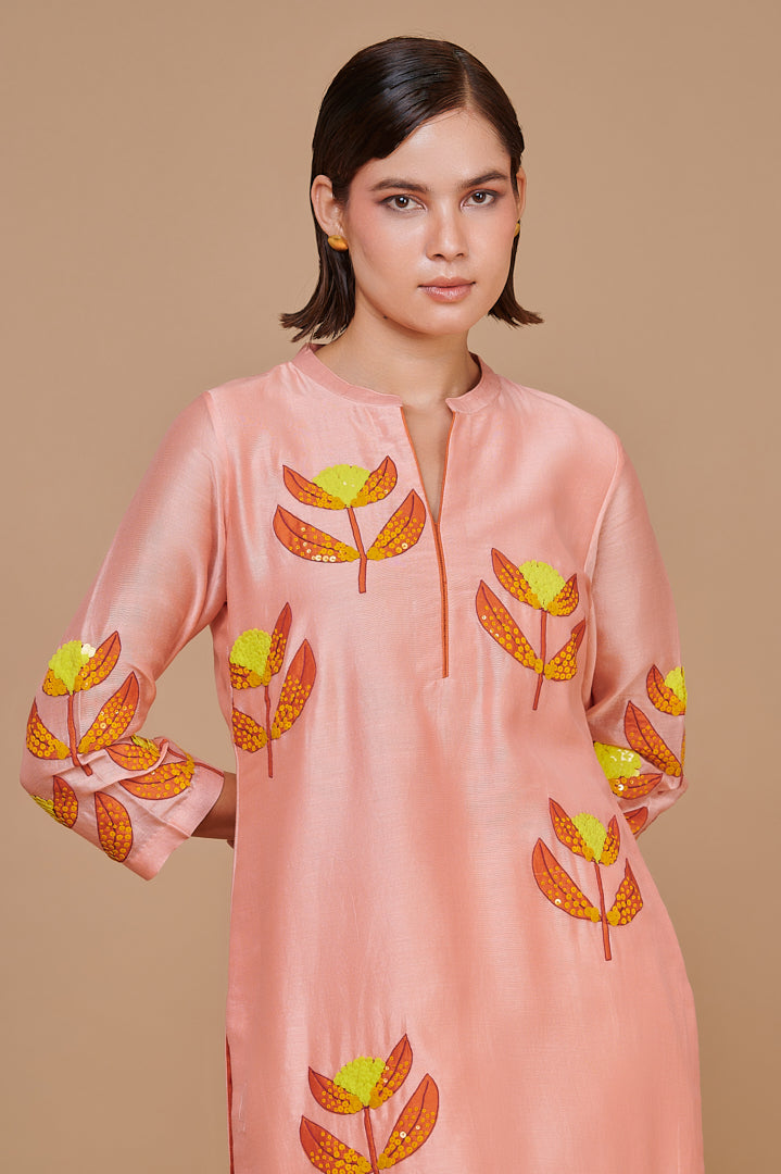 Pink Patchwork and Hand Embroidered Floral Motif Kurta Set