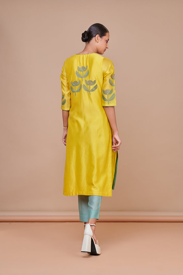 Mustard Patchwork and Hand Embroidered Floral Motif Kurta Set