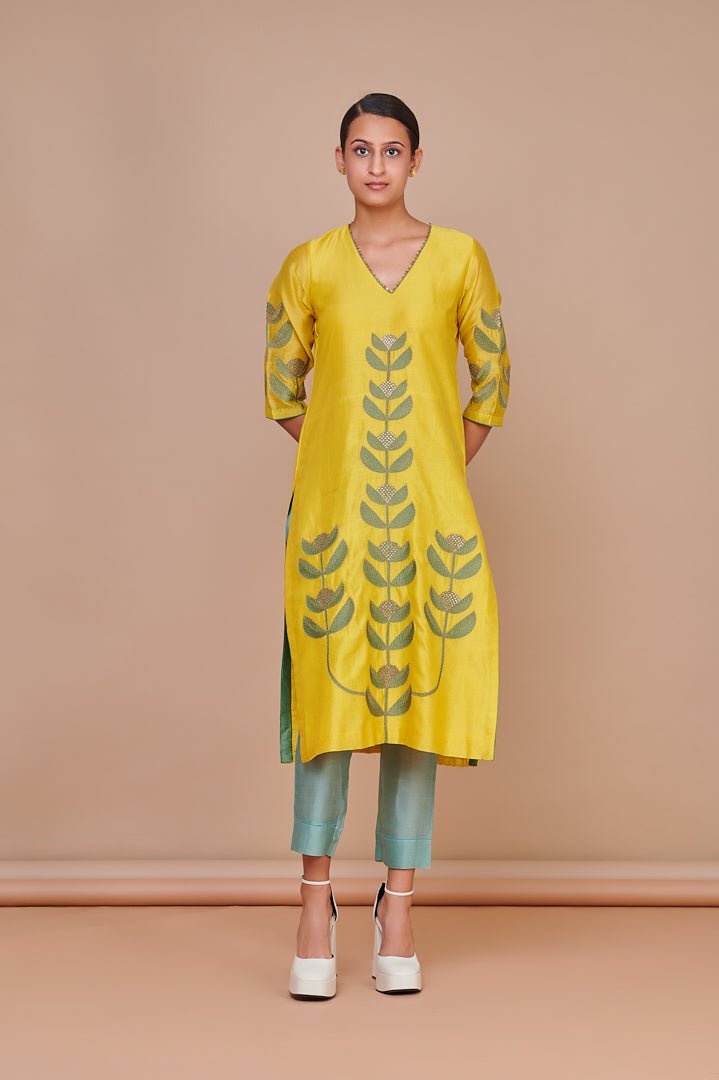 Mustard Patchwork and Hand Embroidered Floral Motif Kurta Set