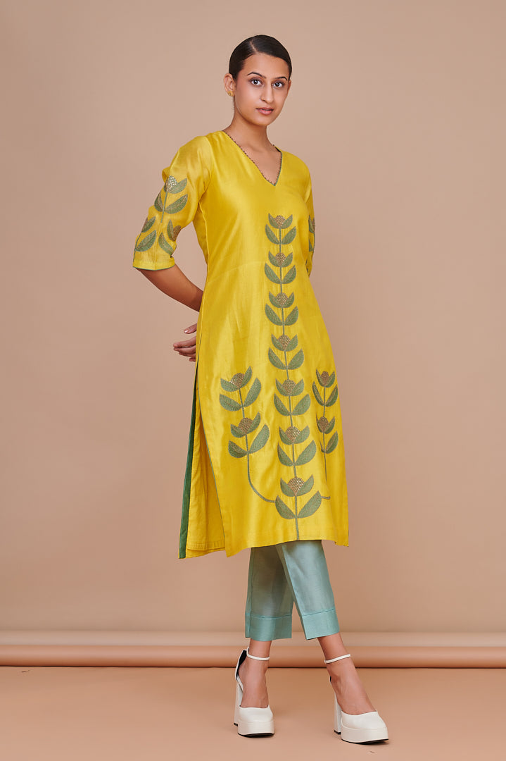 Mustard Patchwork and Hand Embroidered Floral Motif Kurta Set