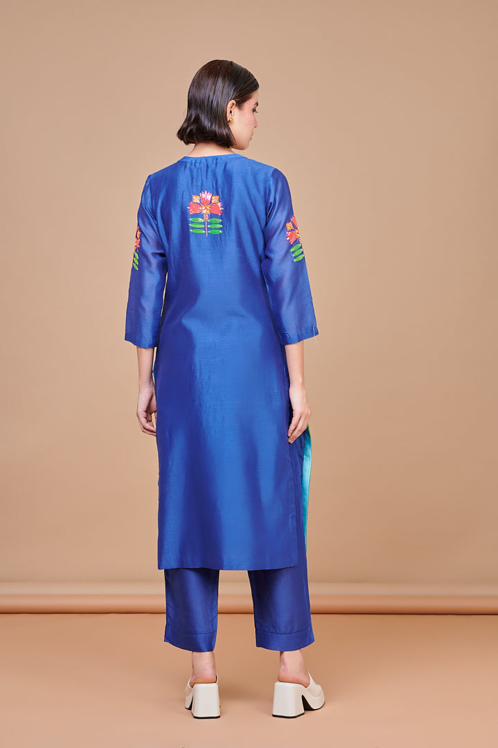 Blue Striped Hand Embroidered Laser Cut Vinyl Floral Motif Kurta Set